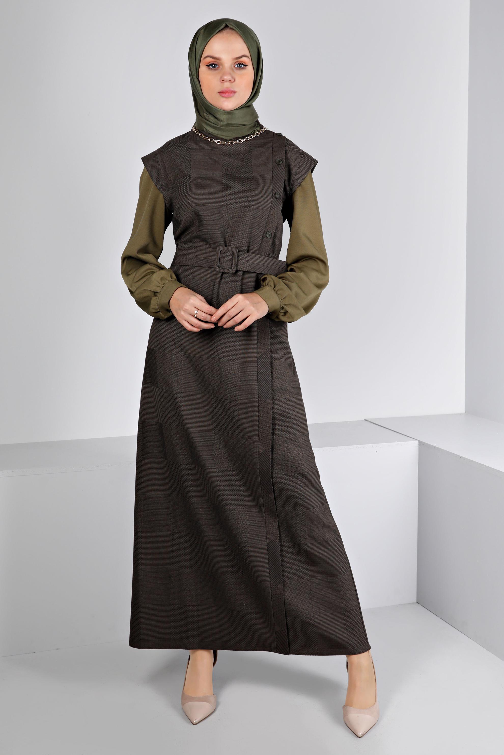 Tesettür giyim HAKİ EKOSE DESENLİ DÜĞMELİ ELBİSE 43436 