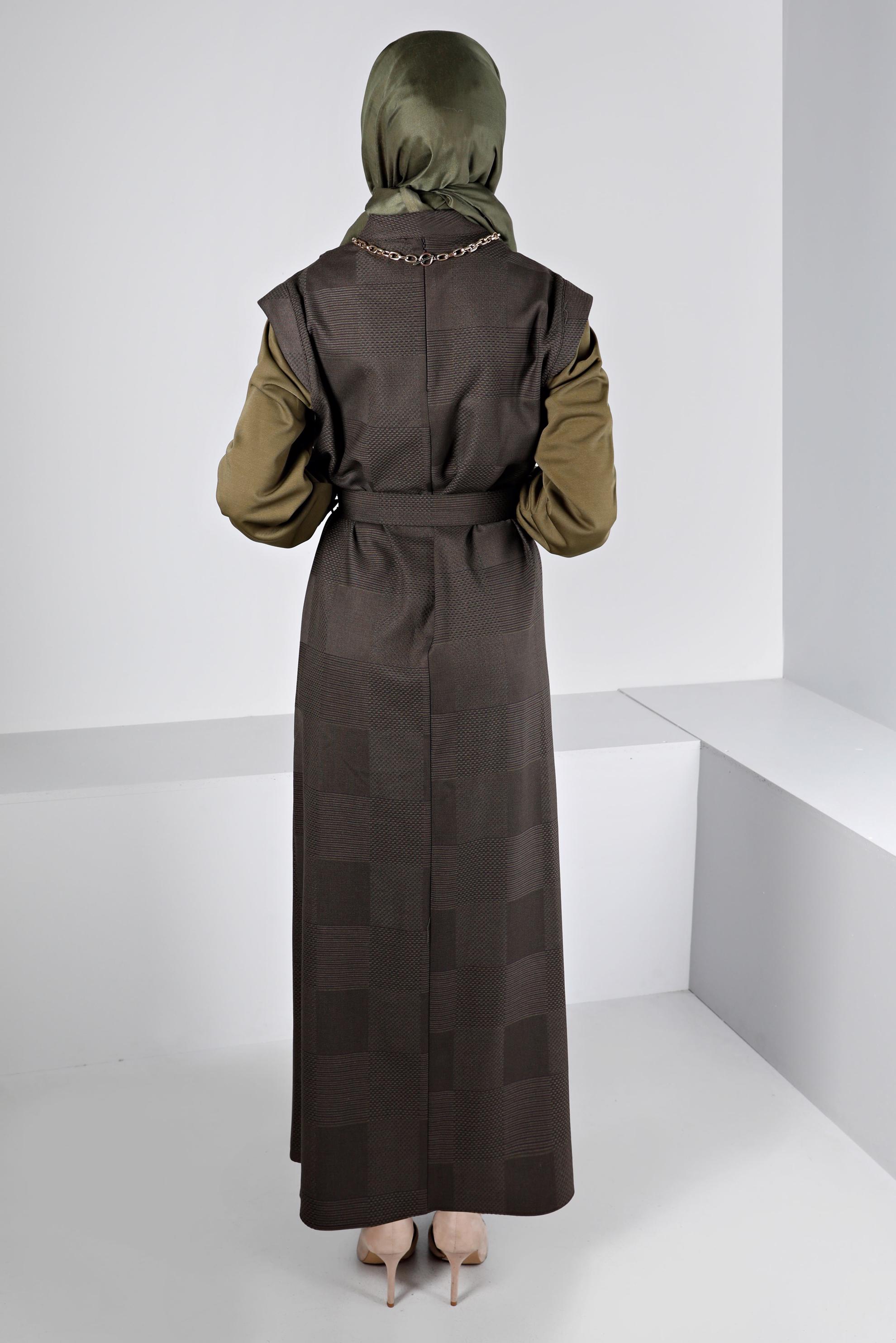 Tesettür giyim HAKİ EKOSE DESENLİ DÜĞMELİ ELBİSE 43436 