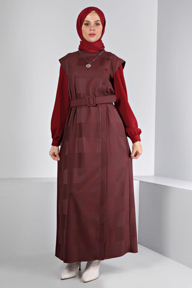 Tesettür giyim TURUNCU EKOSE DESENLİ DÜĞMELİ ELBİSE 43436  - ALVİNA