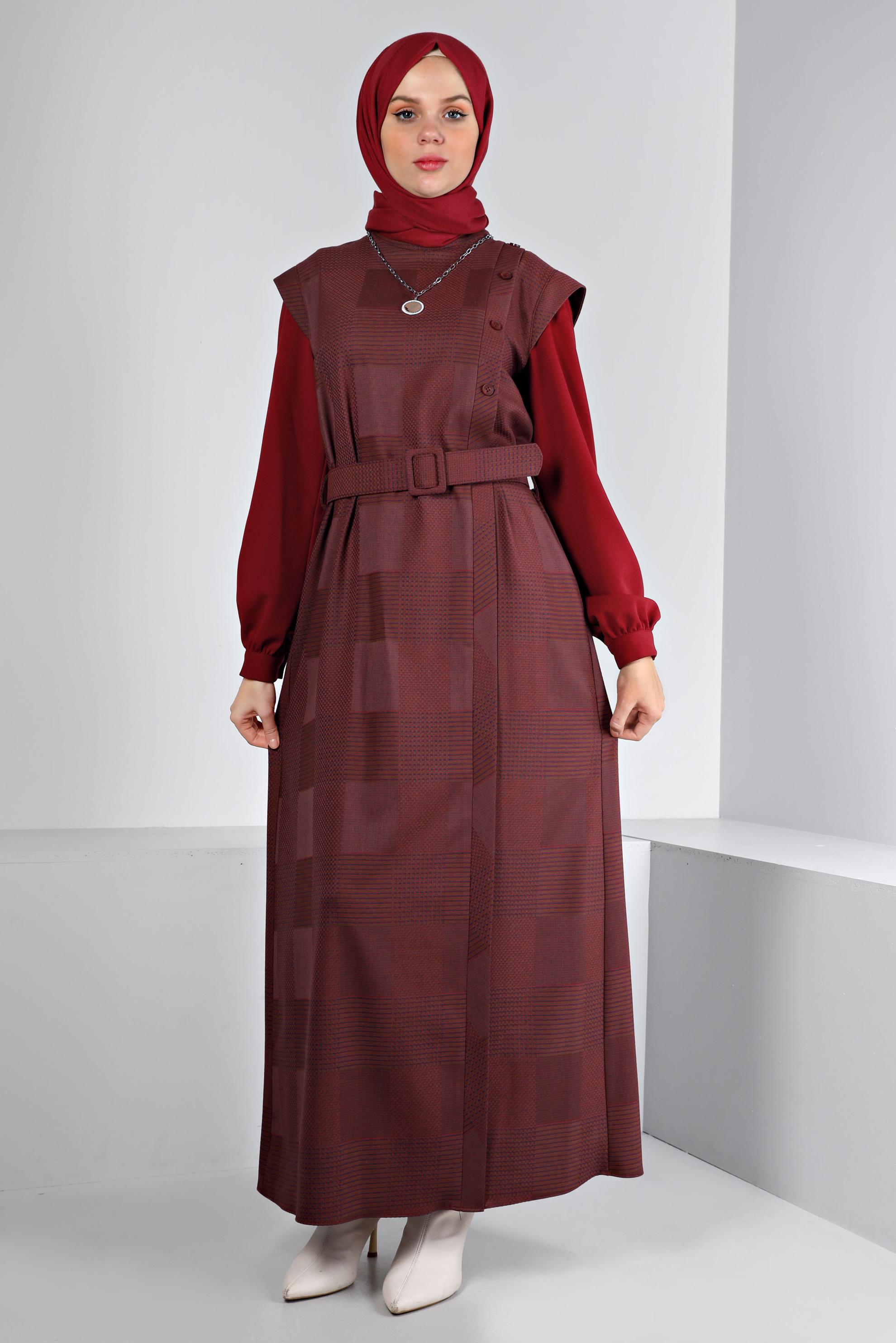 Tesettür giyim TURUNCU EKOSE DESENLİ DÜĞMELİ ELBİSE 43436 