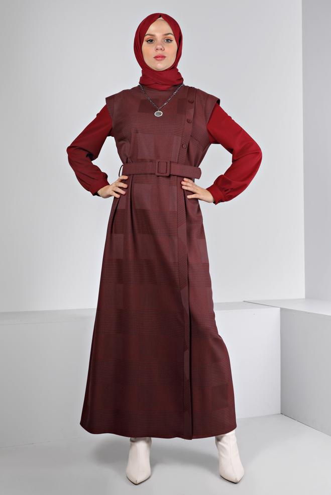 Tesettür giyim TURUNCU EKOSE DESENLİ DÜĞMELİ ELBİSE 43436  - ALVİNA