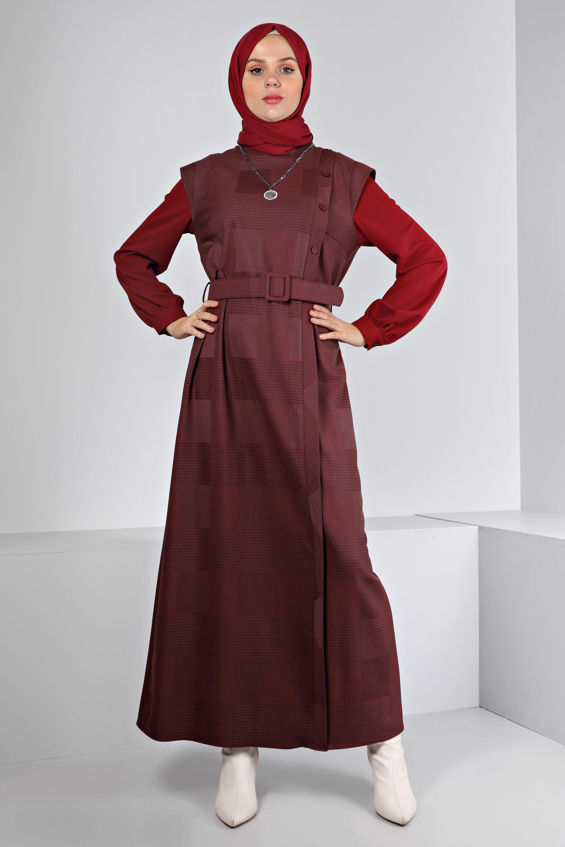 Tesettür giyim TURUNCU EKOSE DESENLİ DÜĞMELİ ELBİSE 43436 