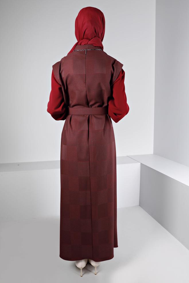 Tesettür giyim TURUNCU EKOSE DESENLİ DÜĞMELİ ELBİSE 43436  - ALVİNA