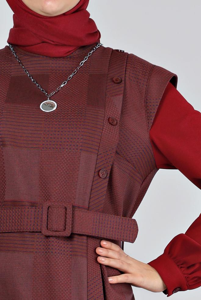 Tesettür giyim TURUNCU EKOSE DESENLİ DÜĞMELİ ELBİSE 43436  - ALVİNA