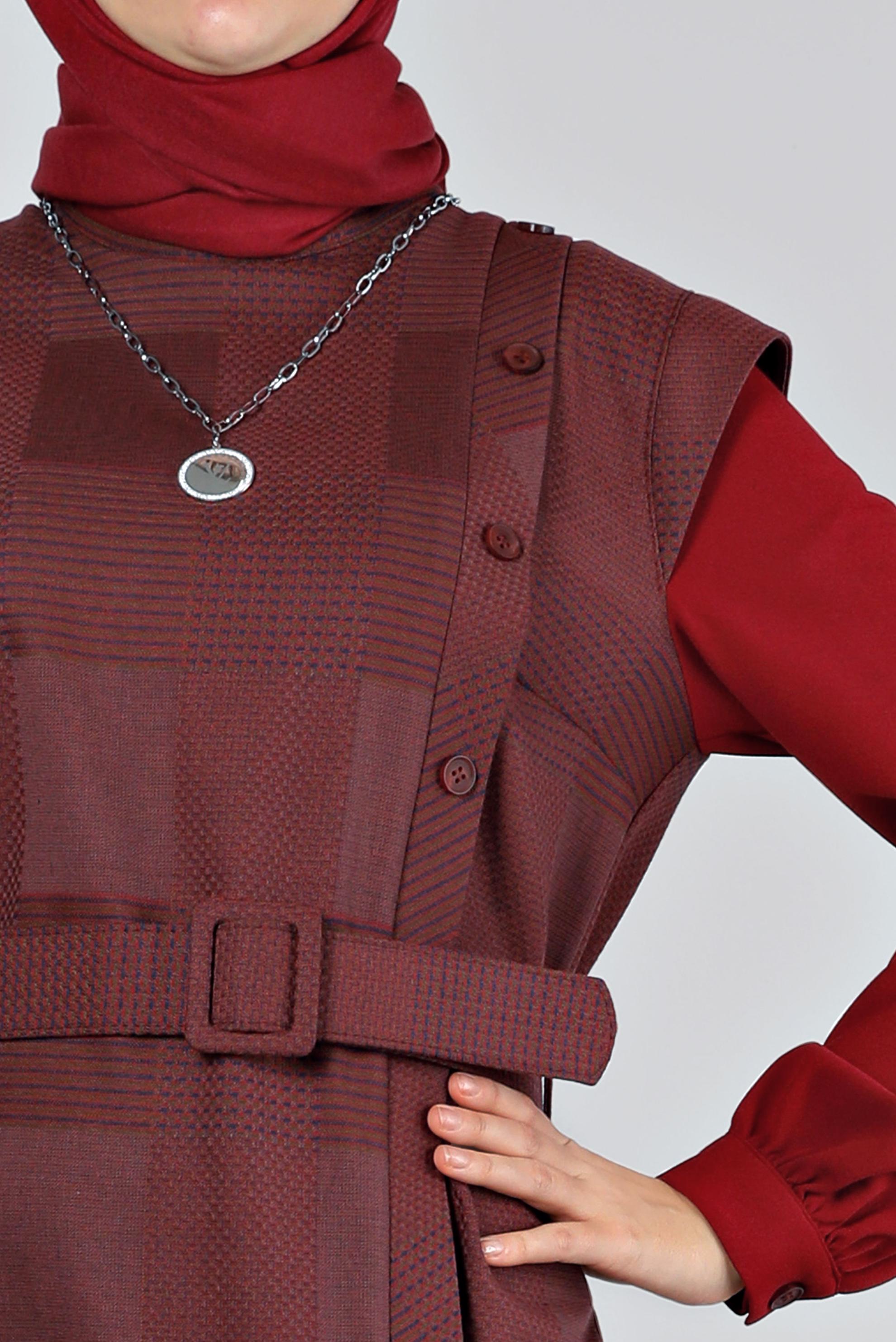 Tesettür giyim TURUNCU EKOSE DESENLİ DÜĞMELİ ELBİSE 43436 