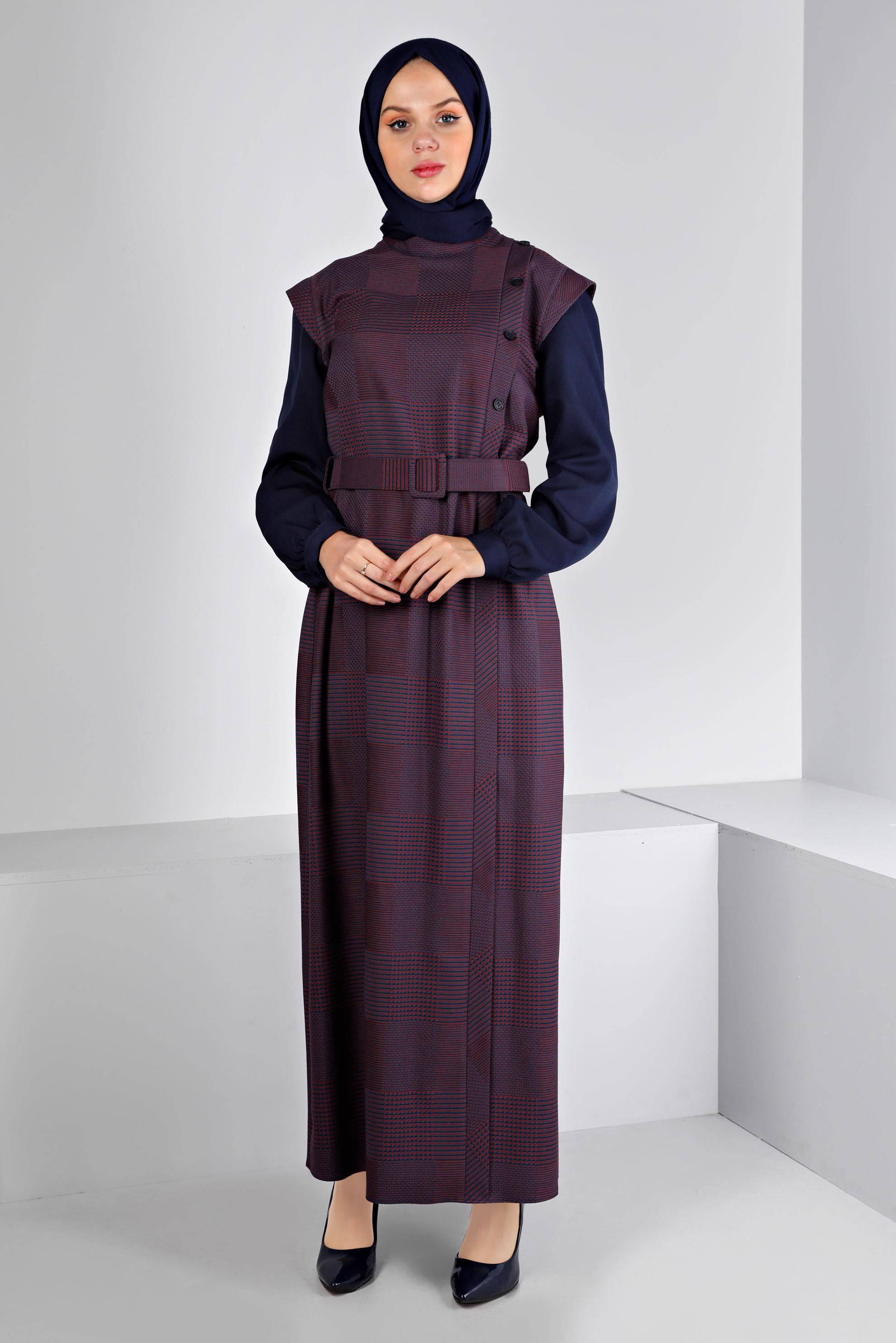 Tesettür giyim LACİVERT EKOSE DESENLİ DÜĞMELİ ELBİSE 43436 