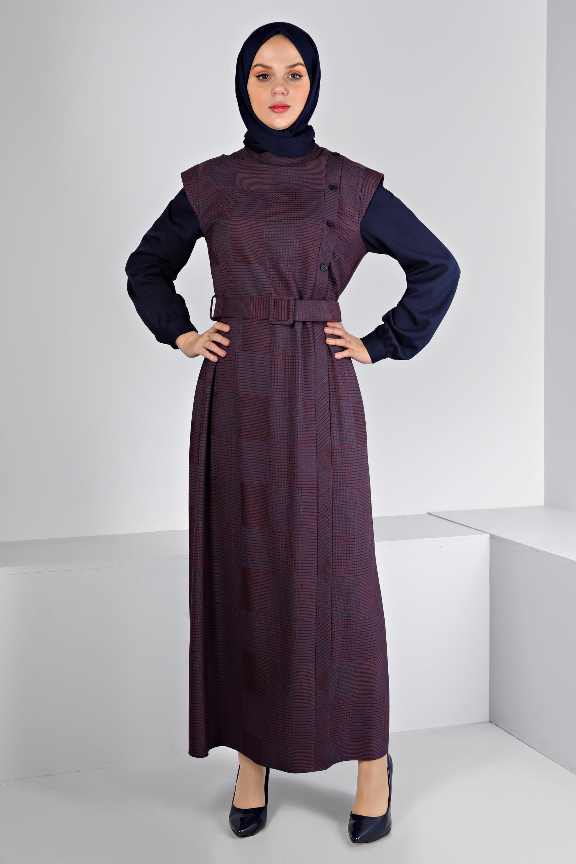 Tesettür giyim LACİVERT EKOSE DESENLİ DÜĞMELİ ELBİSE 43436 