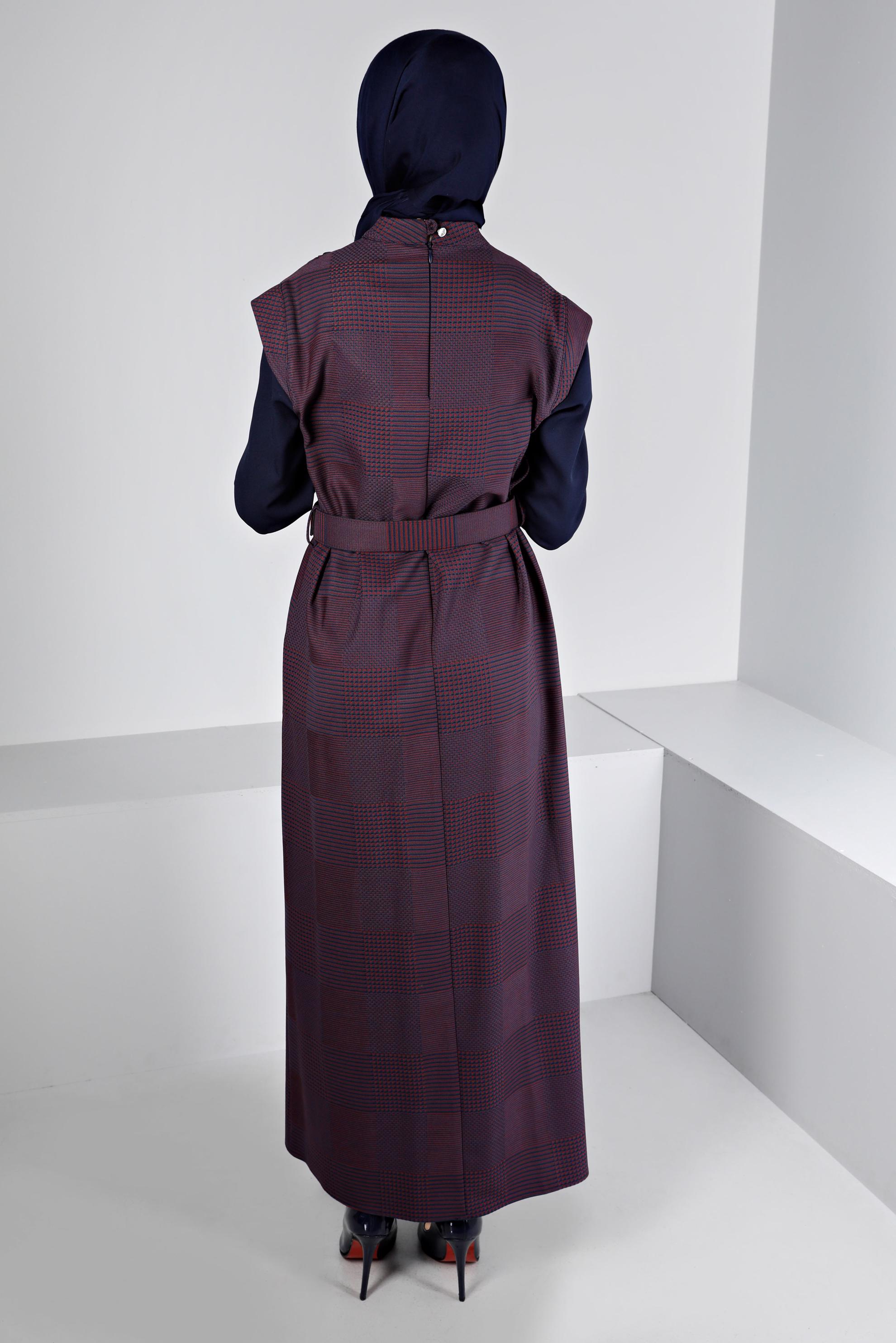 Tesettür giyim LACİVERT EKOSE DESENLİ DÜĞMELİ ELBİSE 43436 