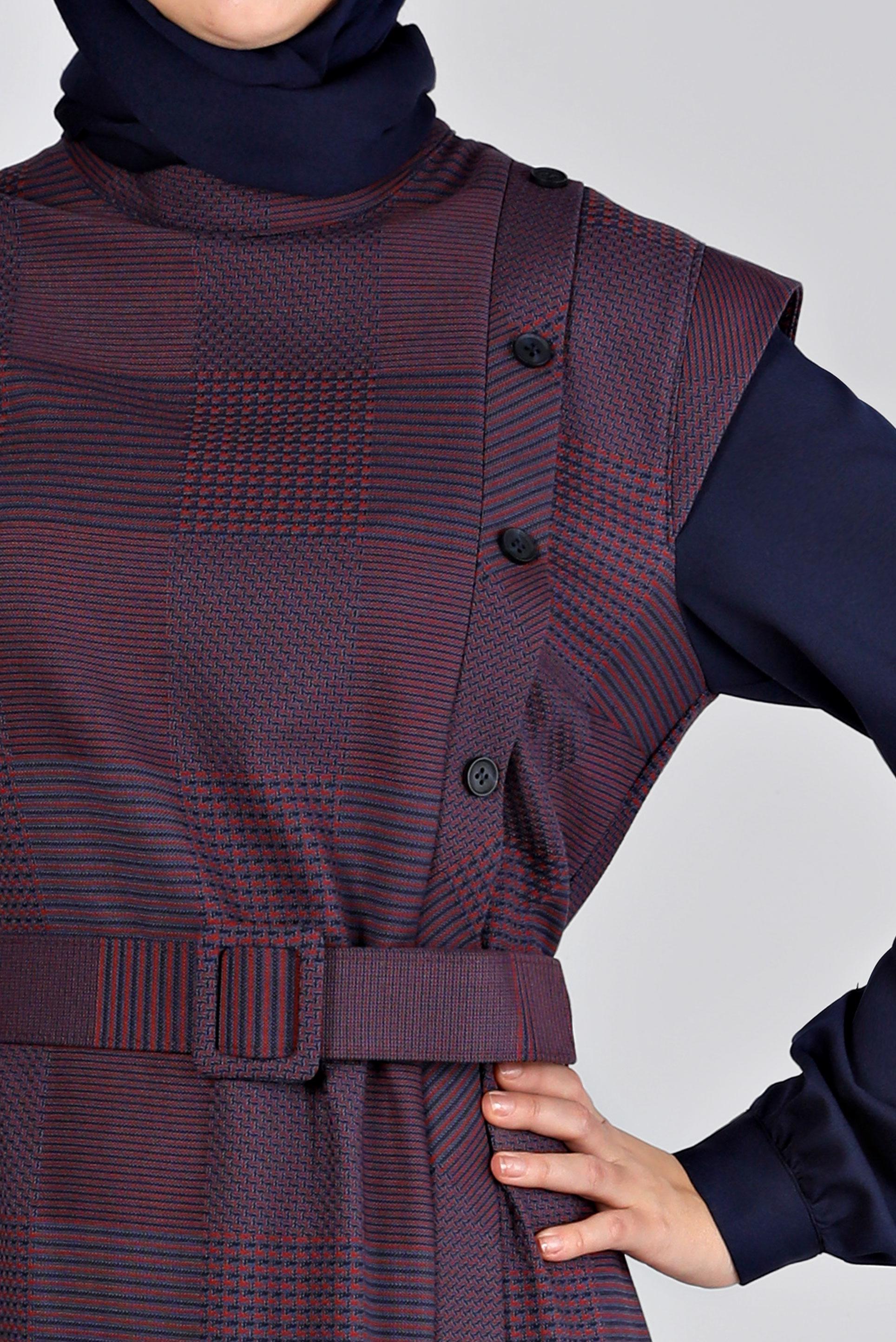 Tesettür giyim LACİVERT EKOSE DESENLİ DÜĞMELİ ELBİSE 43436 