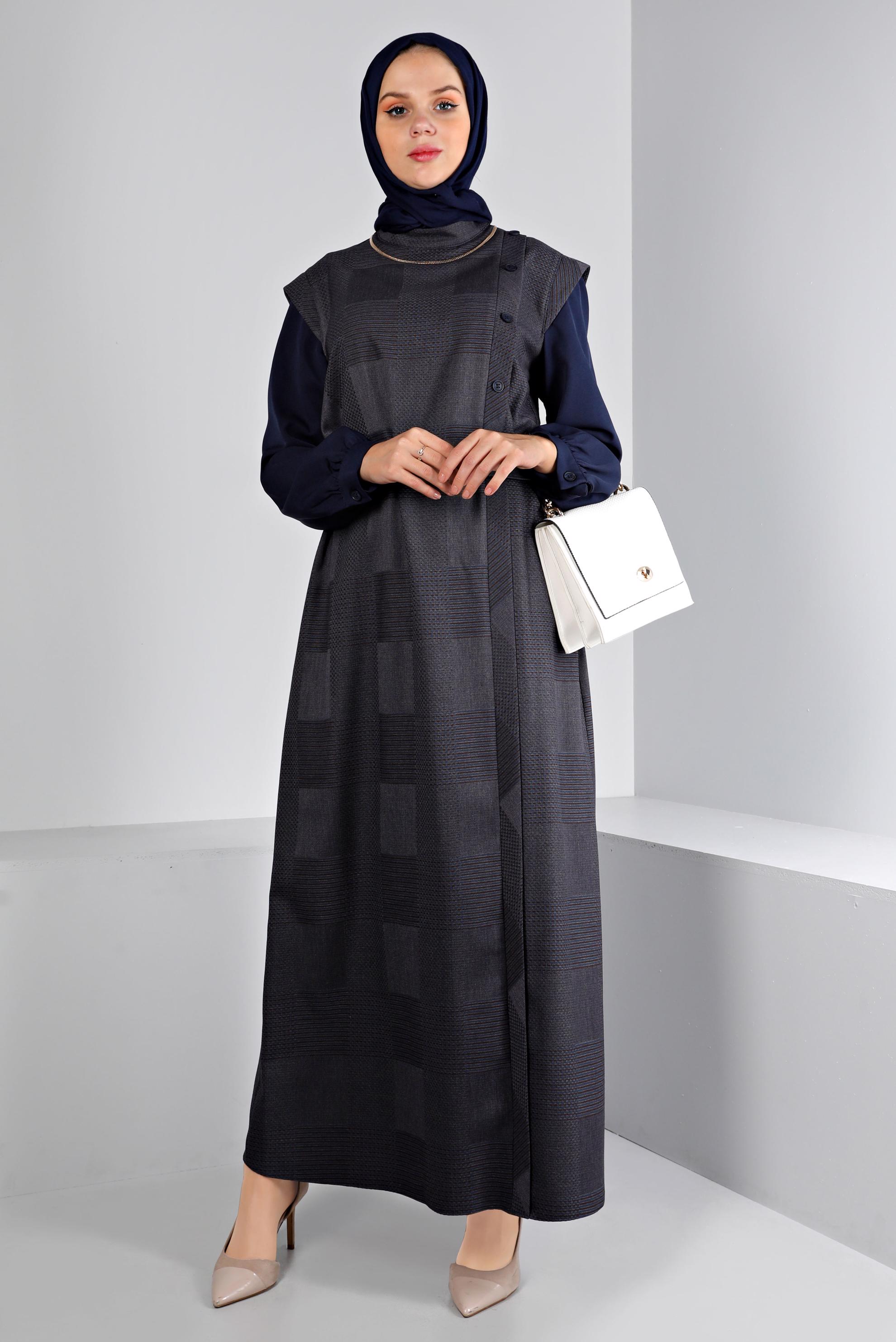 Tesettür giyim GRİ EKOSE DESENLİ DÜĞMELİ ELBİSE 43436 