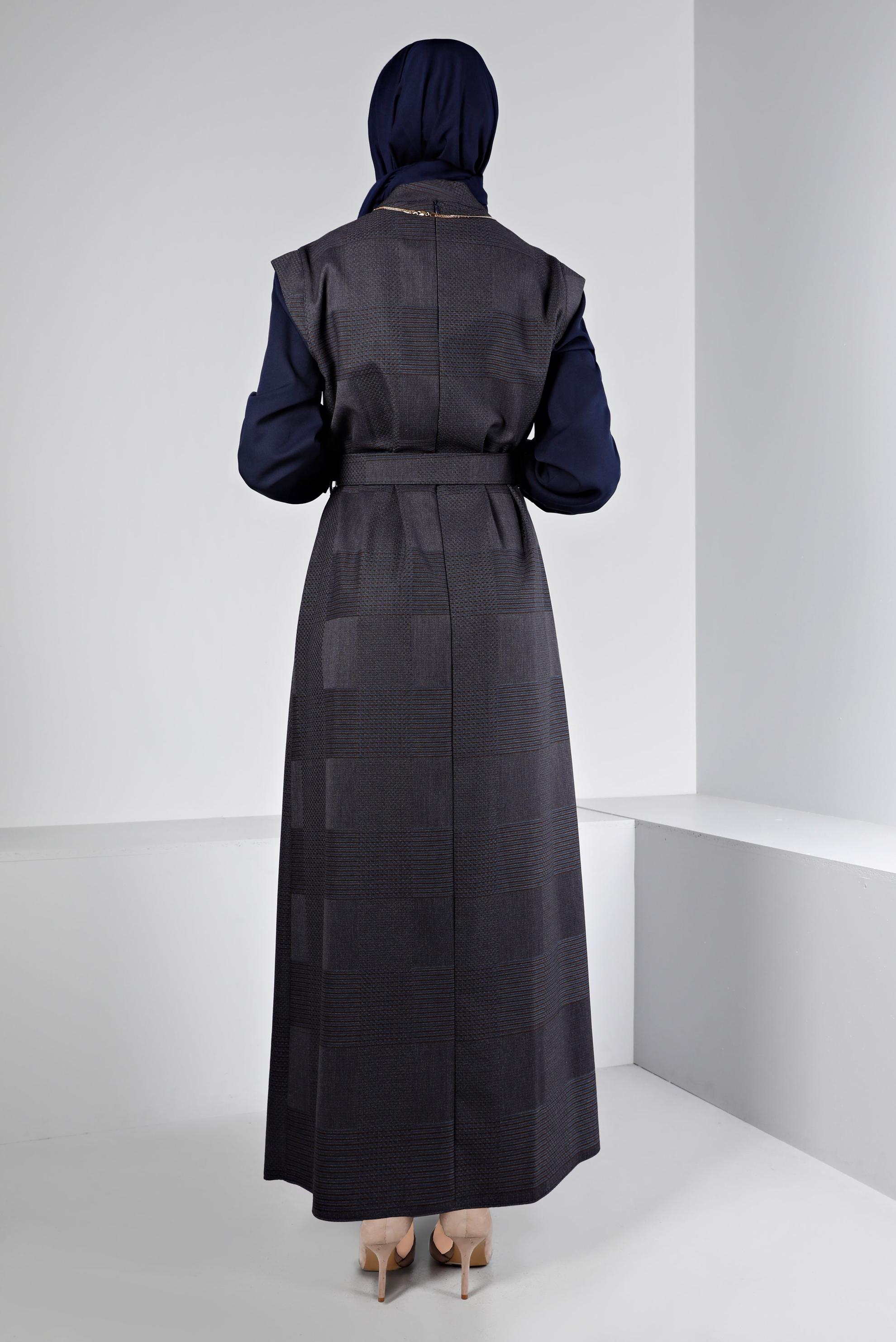 Tesettür giyim GRİ EKOSE DESENLİ DÜĞMELİ ELBİSE 43436 