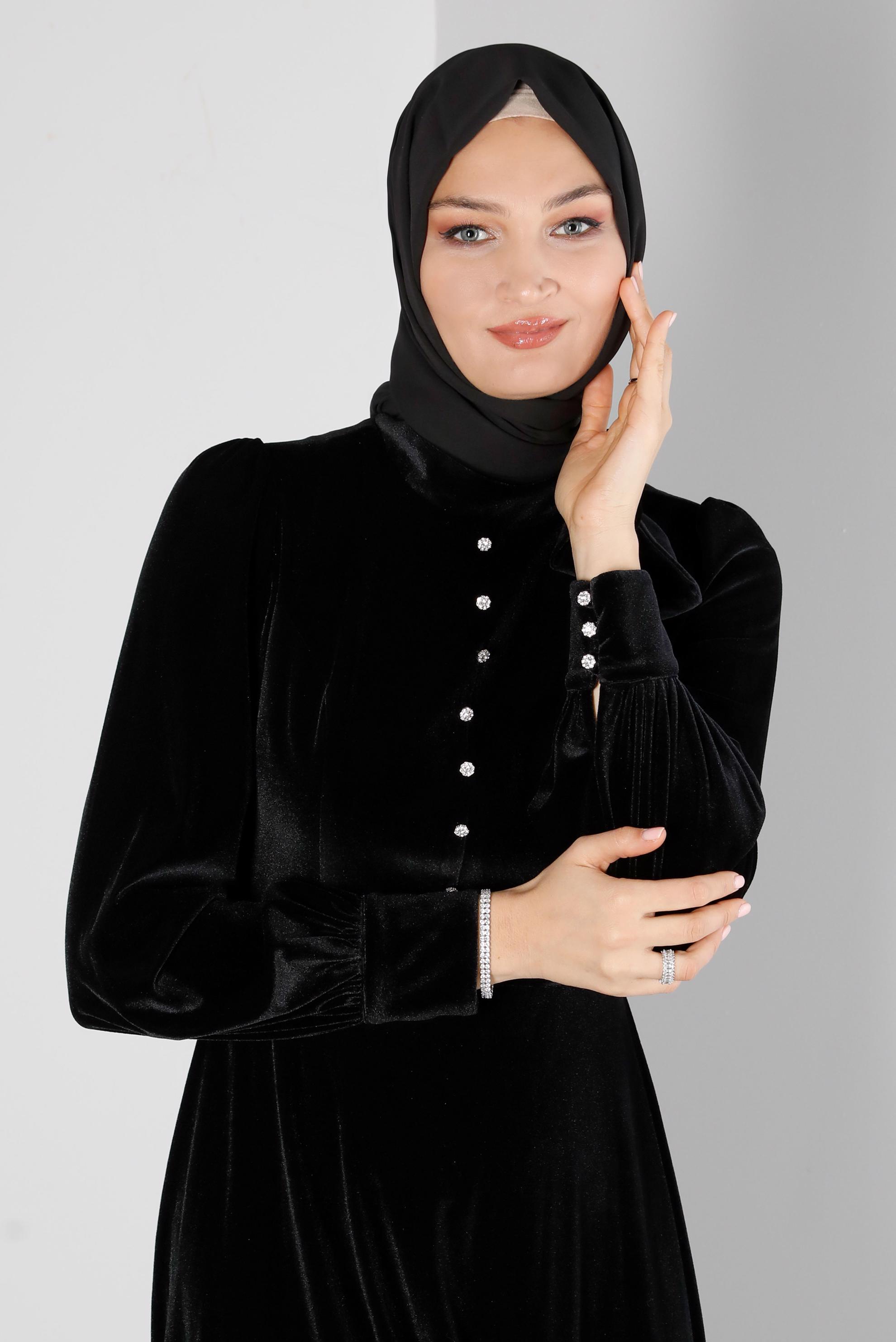 Tesettür giyim SİYAH ETEK UCU VOLANLI KADİFE ELBİSE 43437