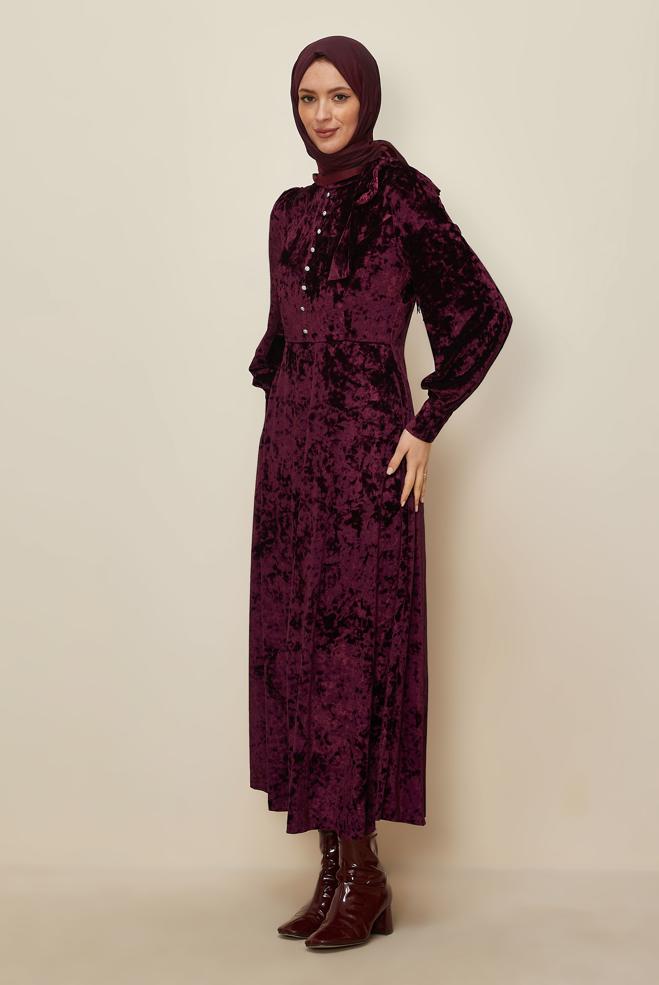 Tesettür giyim BORDO ETEK UCU VOLANLI KADİFE ELBİSE 43437 - ALVİNA