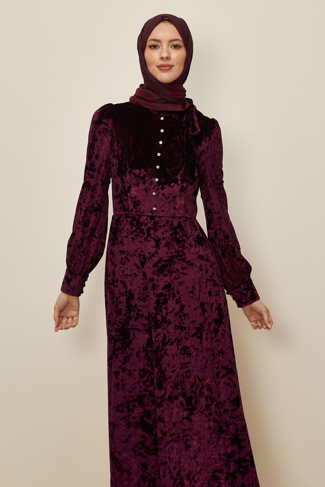 Tesettür giyim BORDO ETEK UCU VOLANLI KADİFE ELBİSE 43437 - ALVİNA