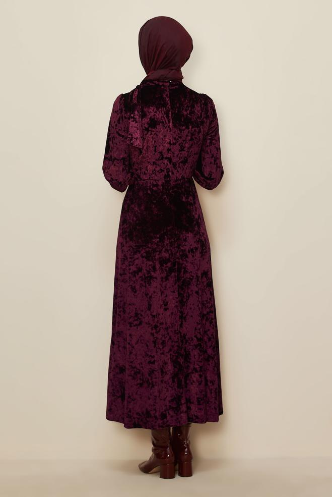 Tesettür giyim BORDO ETEK UCU VOLANLI KADİFE ELBİSE 43437 - ALVİNA