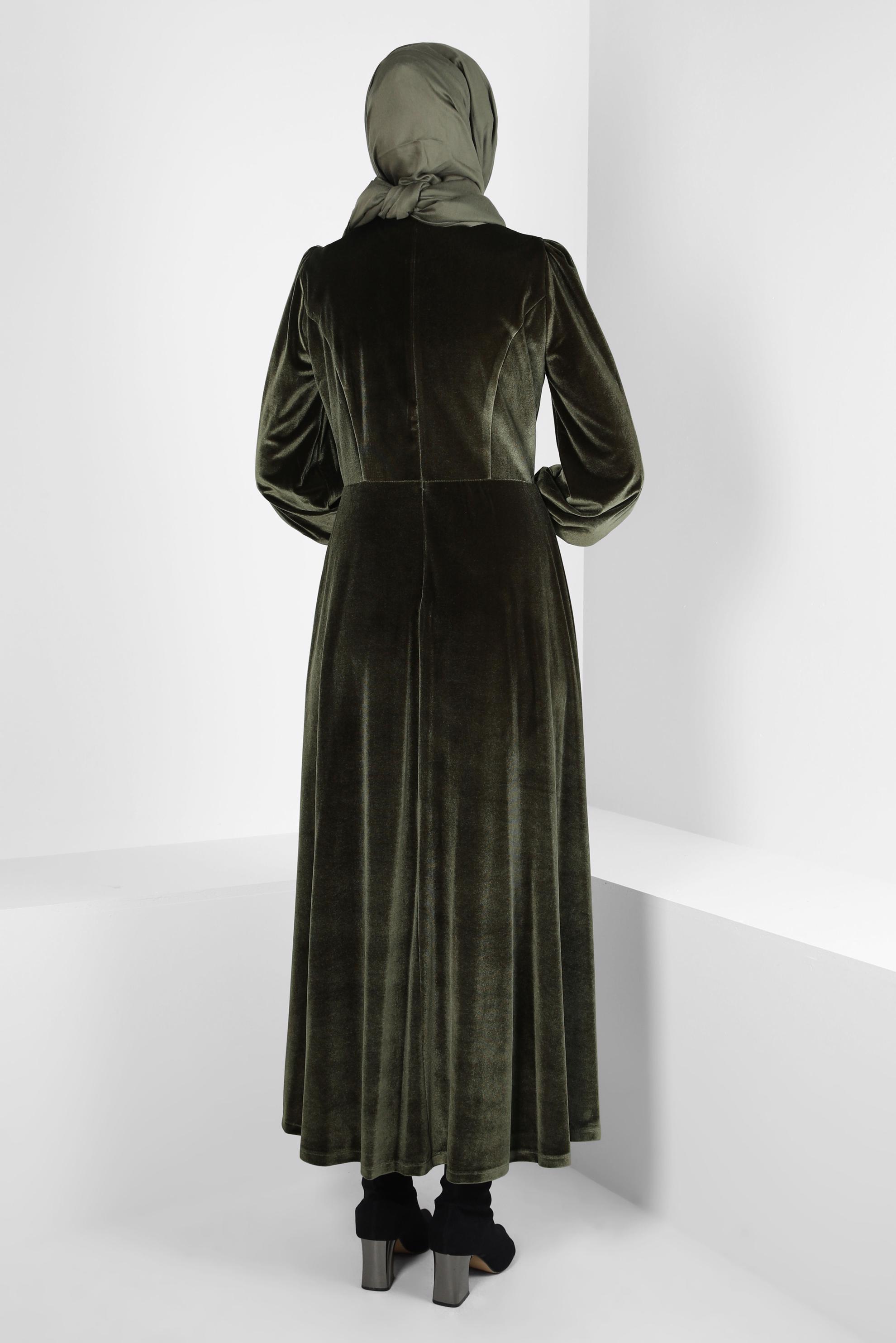 Tesettür giyim HAKİ ETEK UCU VOLANLI KADİFE ELBİSE 43437