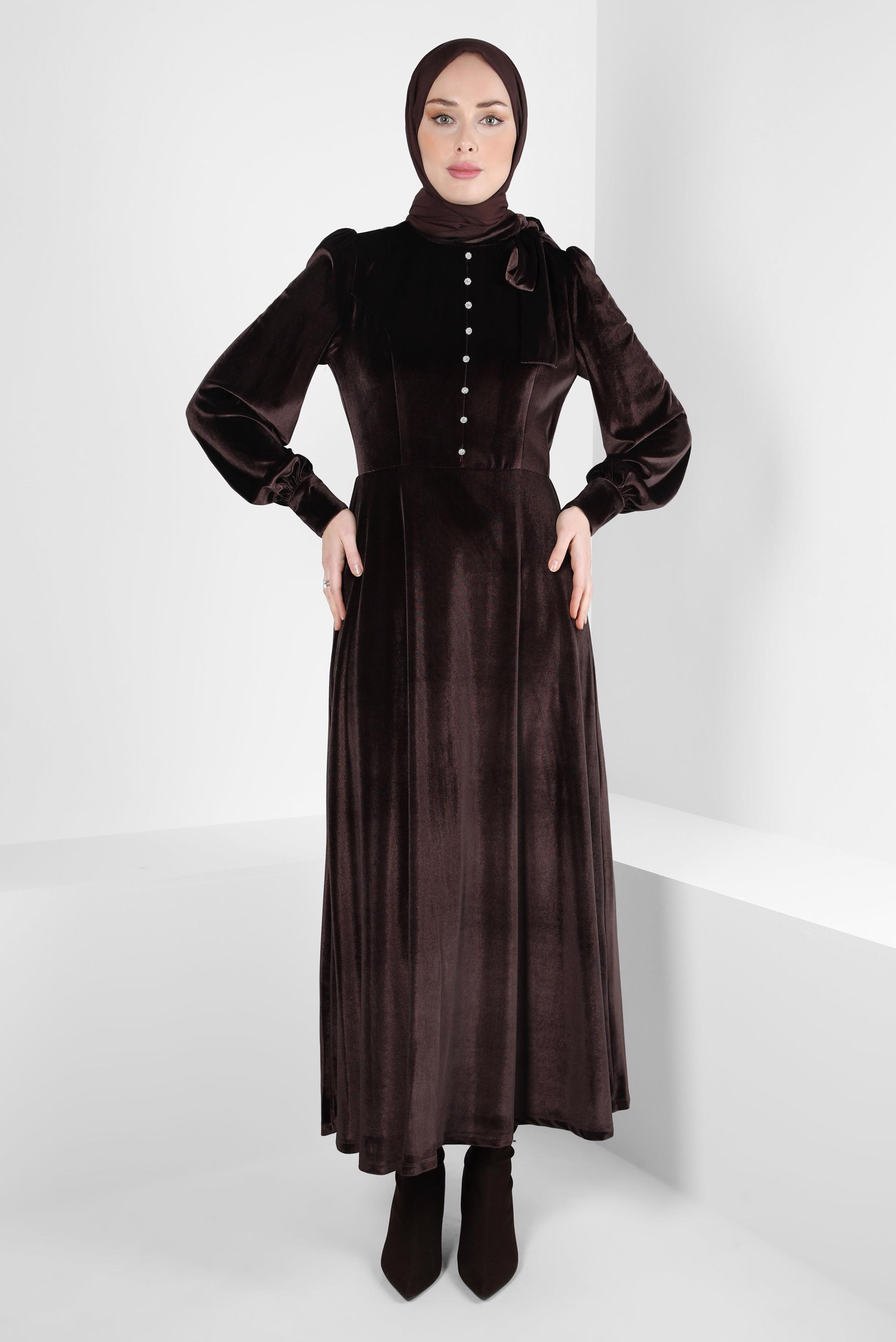Tesettür giyim KAHVE ETEK UCU VOLANLI KADİFE ELBİSE 43437