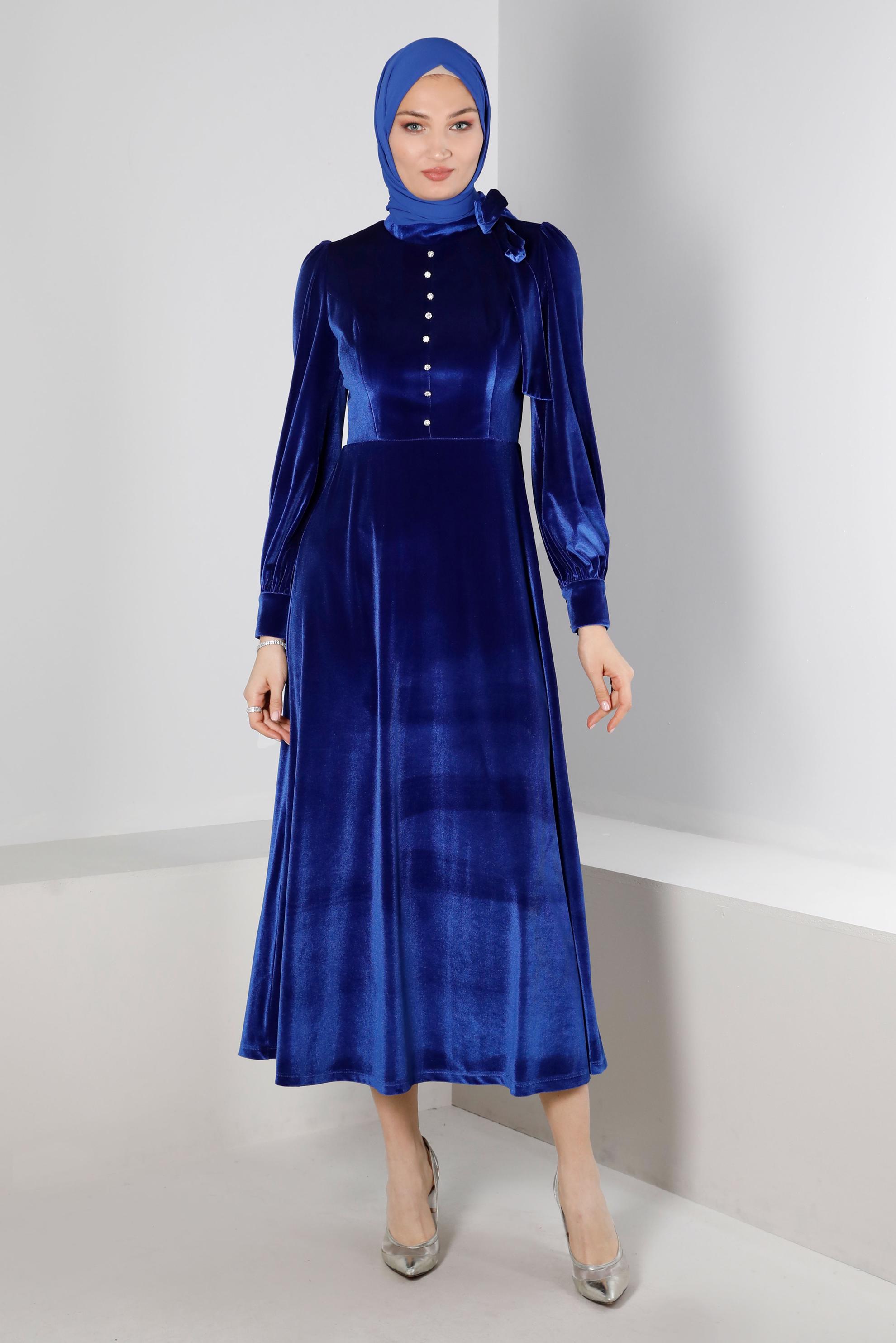Tesettür giyim LACİVERT ETEK UCU VOLANLI KADİFE ELBİSE 43437