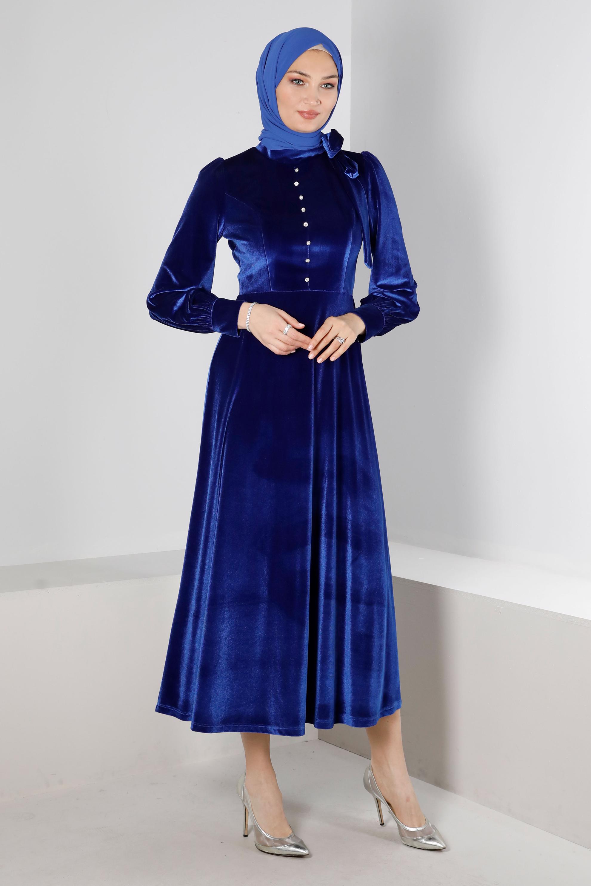 Tesettür giyim LACİVERT ETEK UCU VOLANLI KADİFE ELBİSE 43437