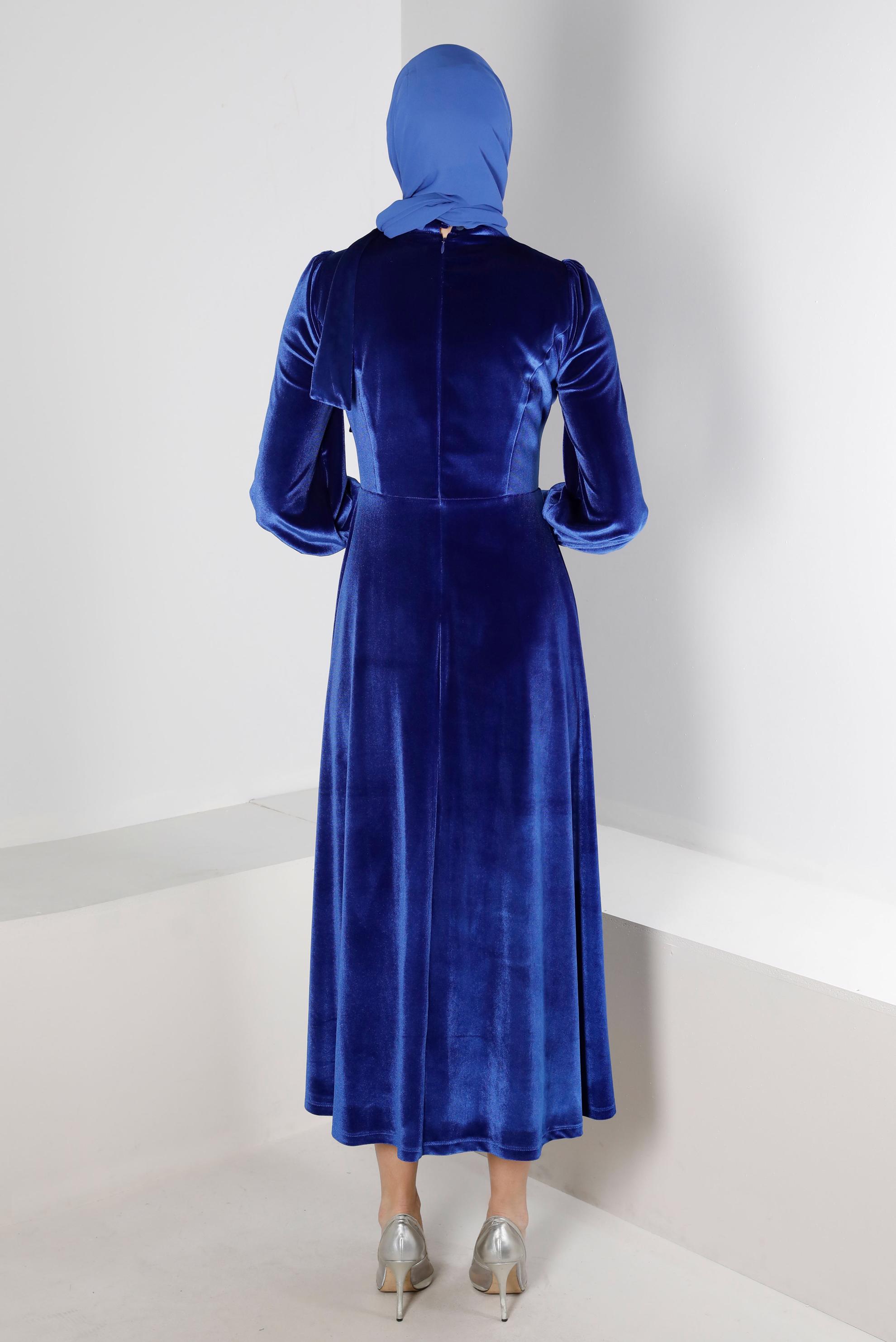 Tesettür giyim LACİVERT ETEK UCU VOLANLI KADİFE ELBİSE 43437