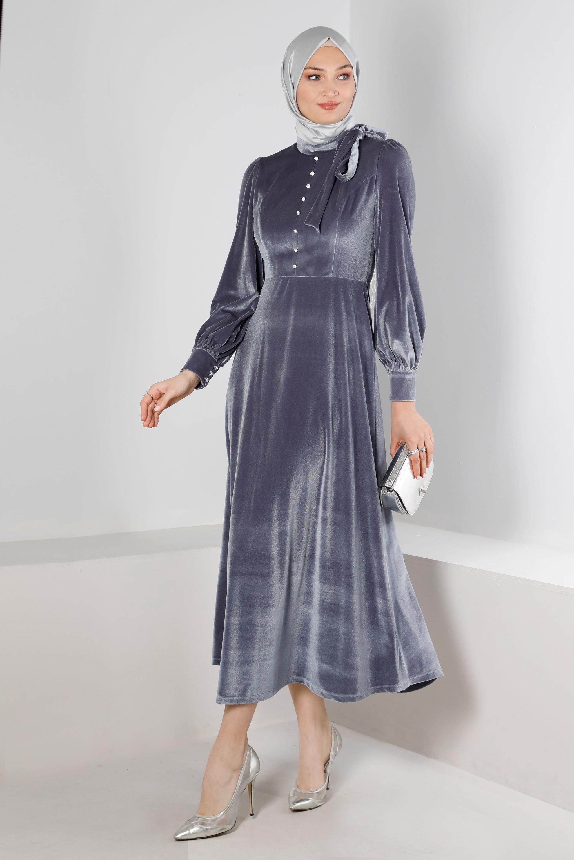 Tesettür giyim GÜMÜŞ ETEK UCU VOLANLI KADİFE ELBİSE 43437