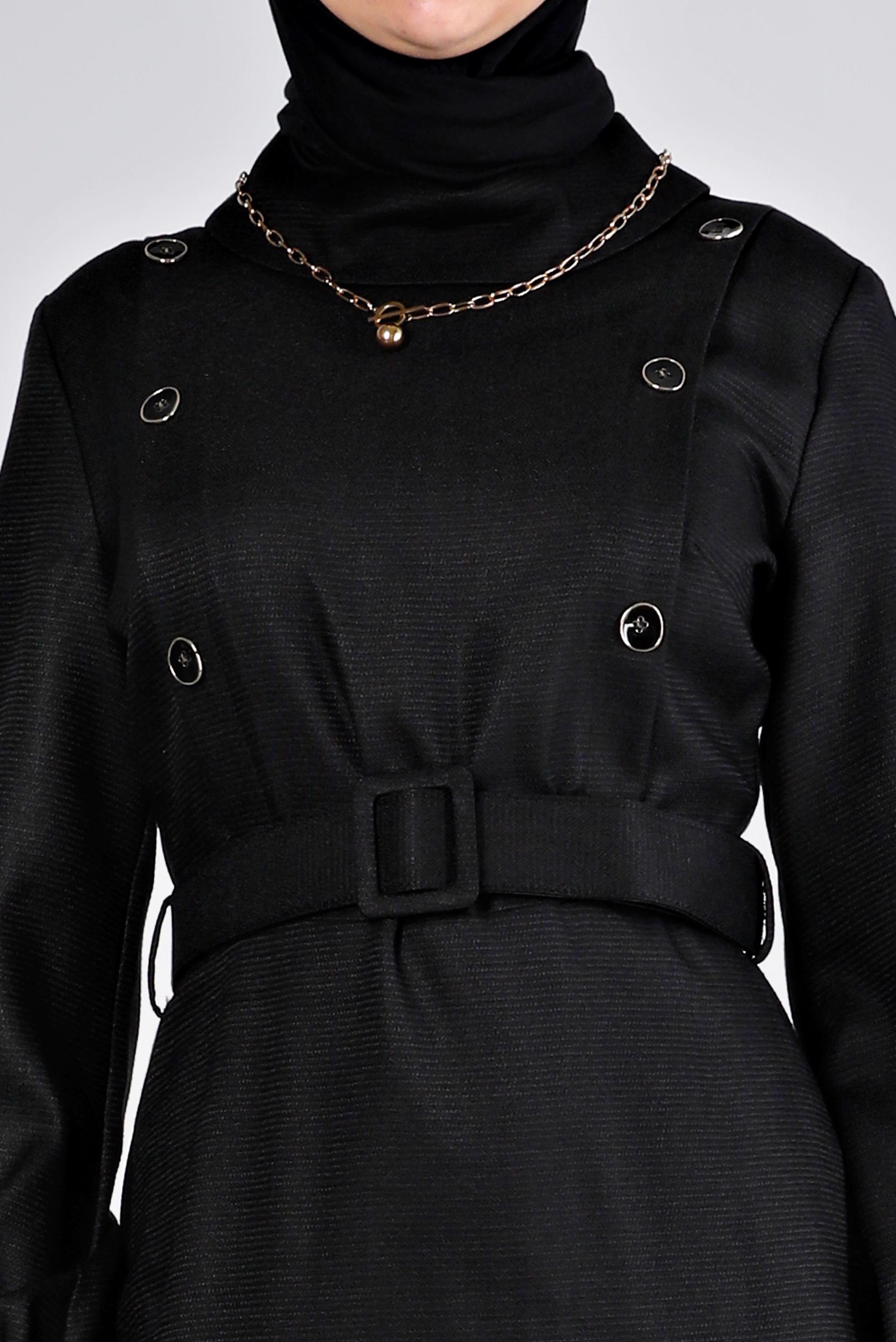 Tesettür giyim SİYAH DÜĞME DETAYLI KEMERLİ ELBİSE 43439