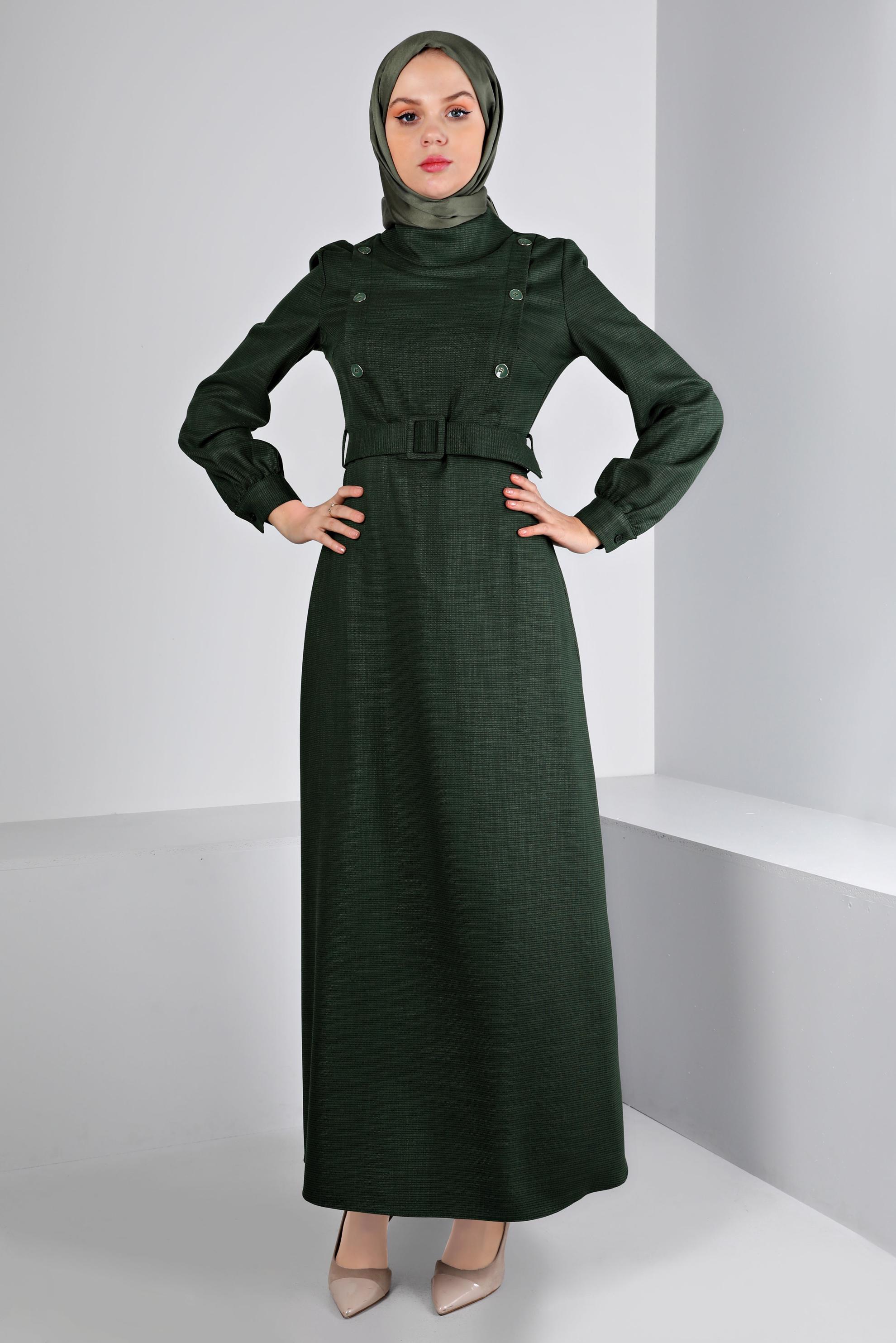 Tesettür giyim HAKİ DÜĞME DETAYLI KEMERLİ ELBİSE 43439