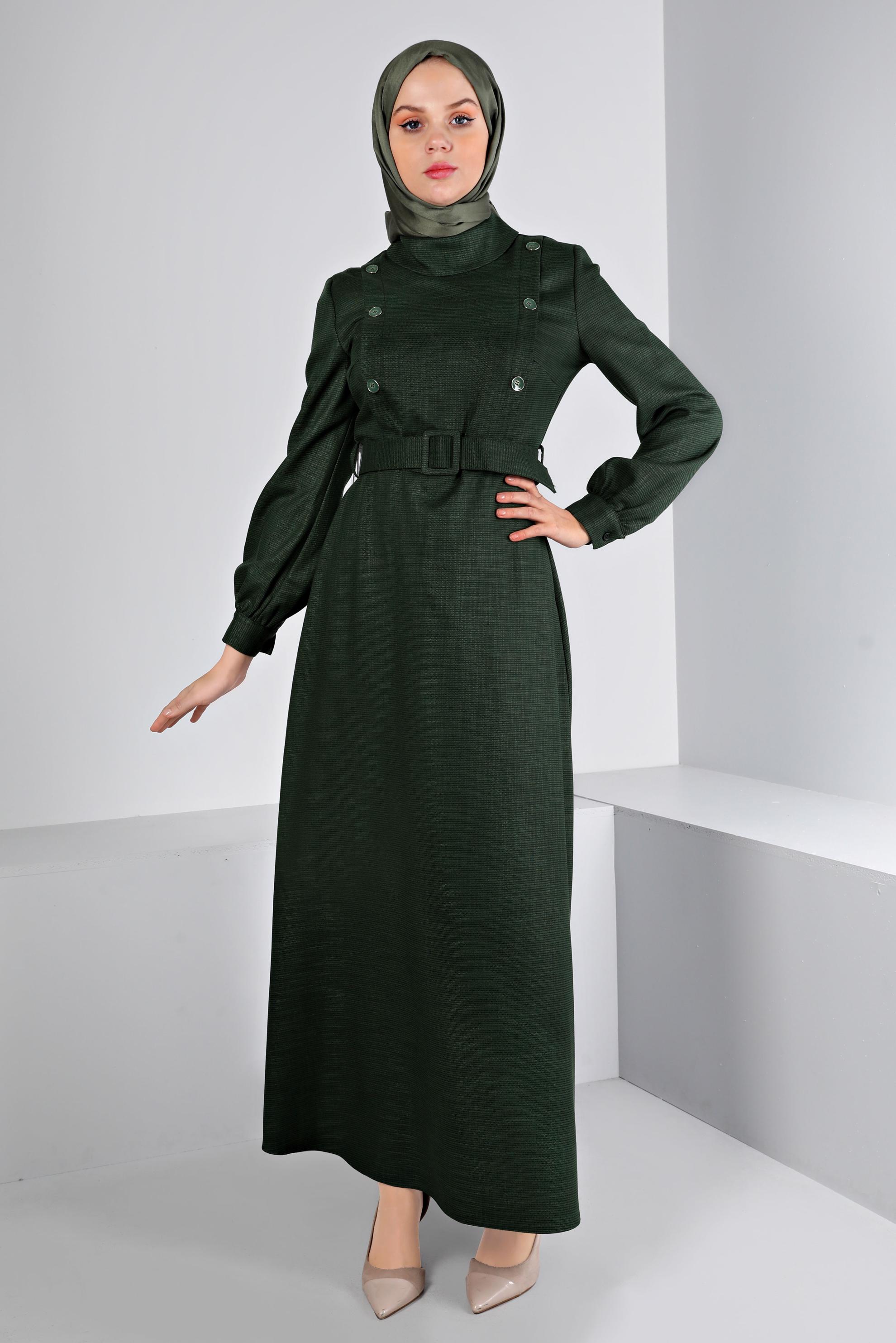 Tesettür giyim HAKİ DÜĞME DETAYLI KEMERLİ ELBİSE 43439
