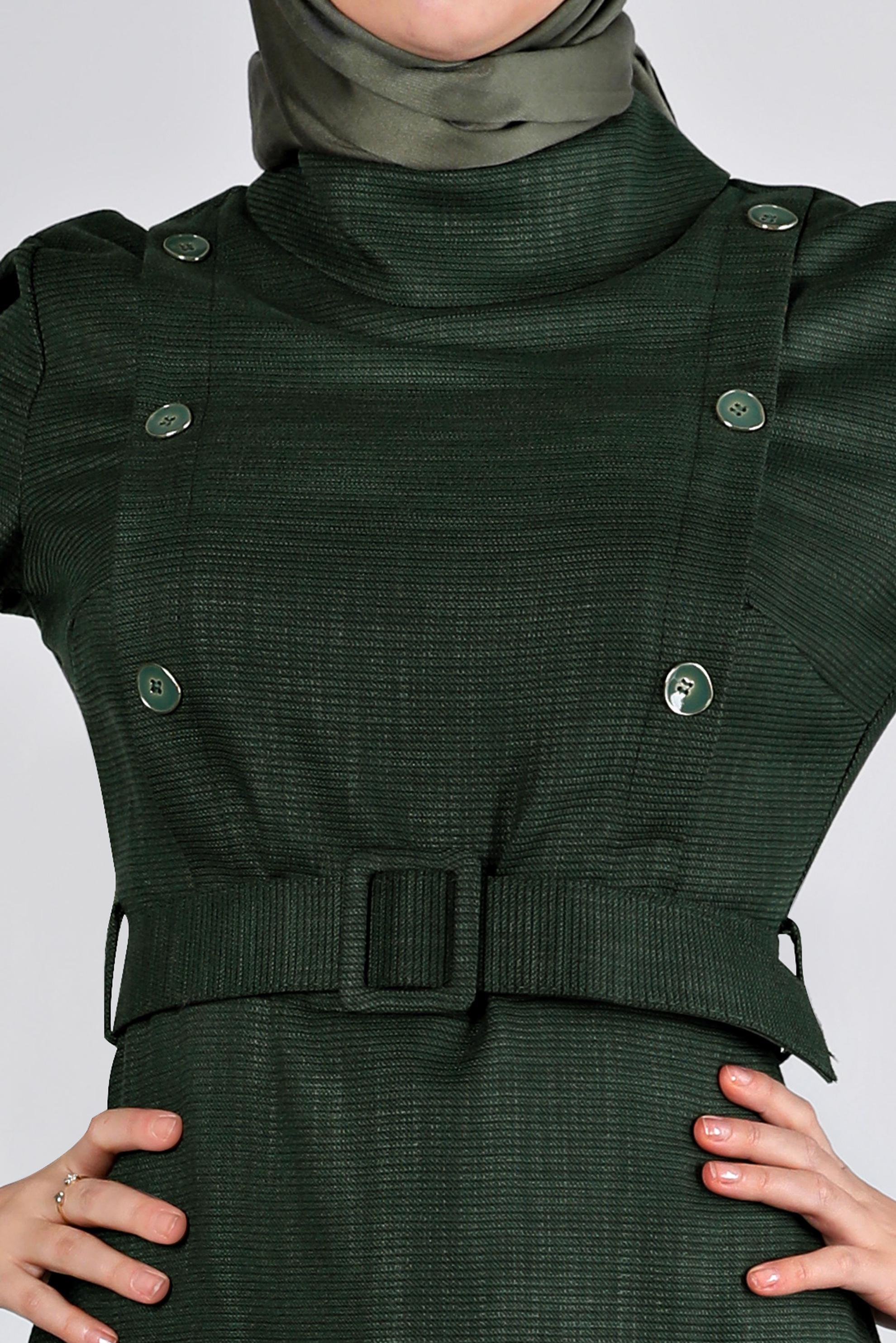 Tesettür giyim HAKİ DÜĞME DETAYLI KEMERLİ ELBİSE 43439