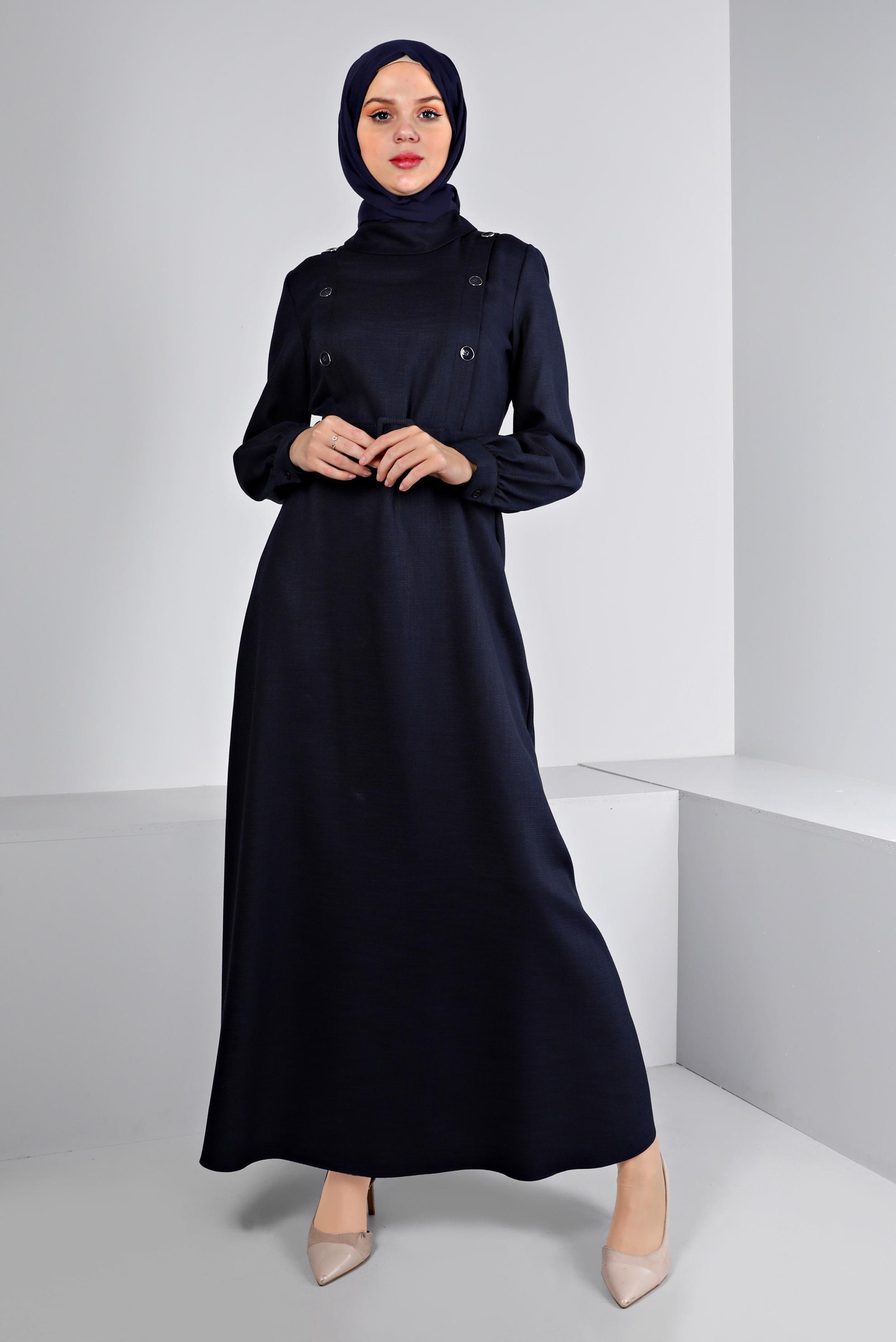 Tesettür giyim LACİVERT DÜĞME DETAYLI KEMERLİ ELBİSE 43439