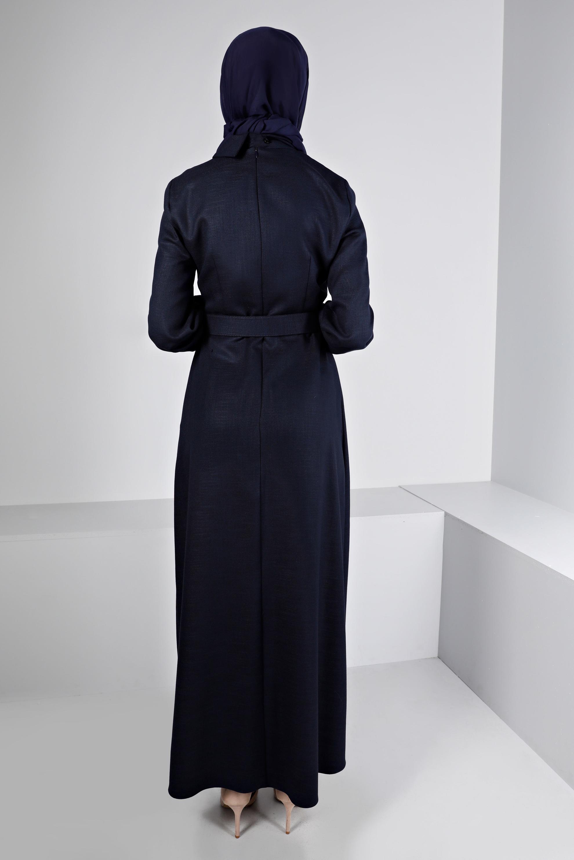 Tesettür giyim LACİVERT DÜĞME DETAYLI KEMERLİ ELBİSE 43439