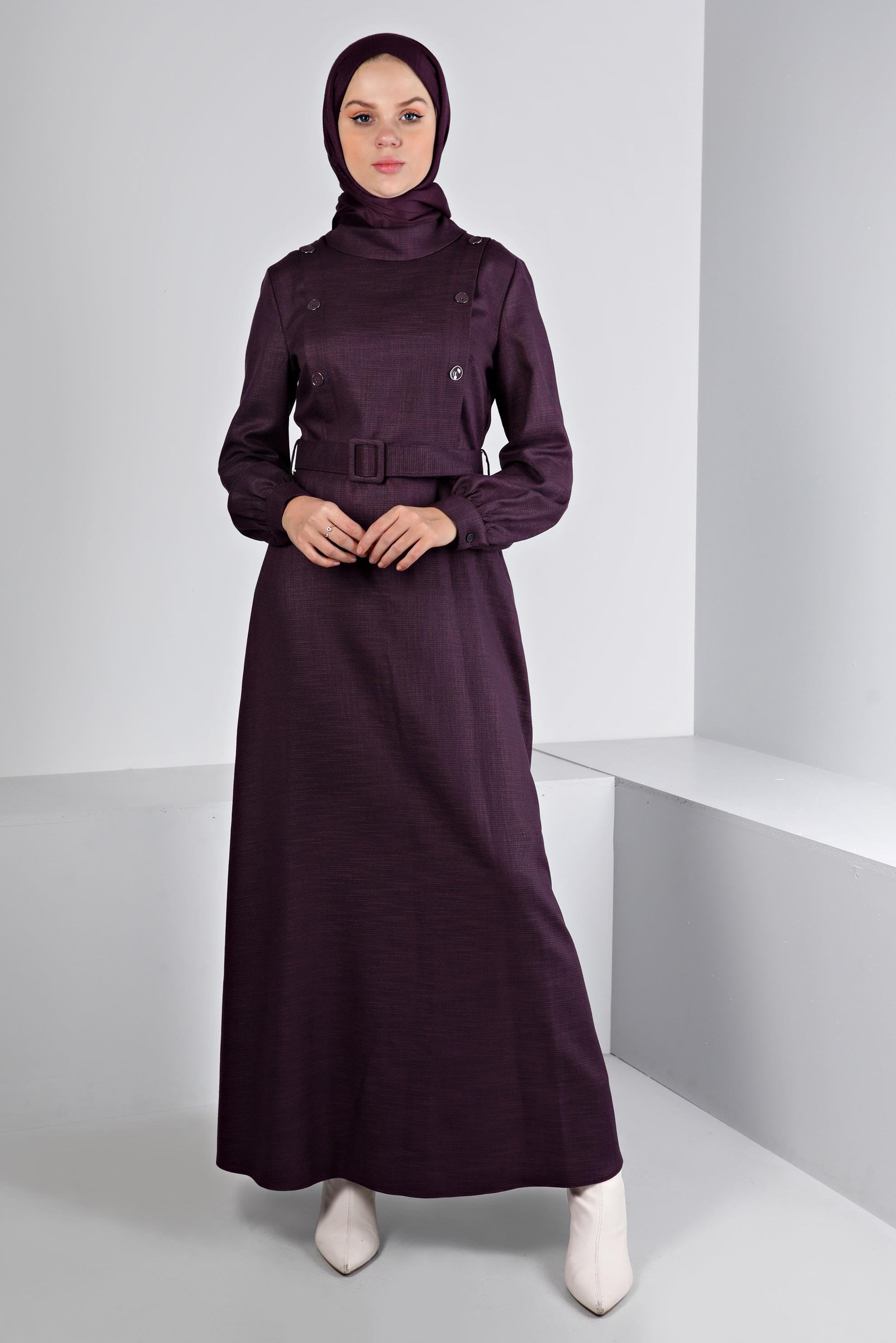 Tesettür giyim MÜRDÜM DÜĞME DETAYLI KEMERLİ ELBİSE 43439