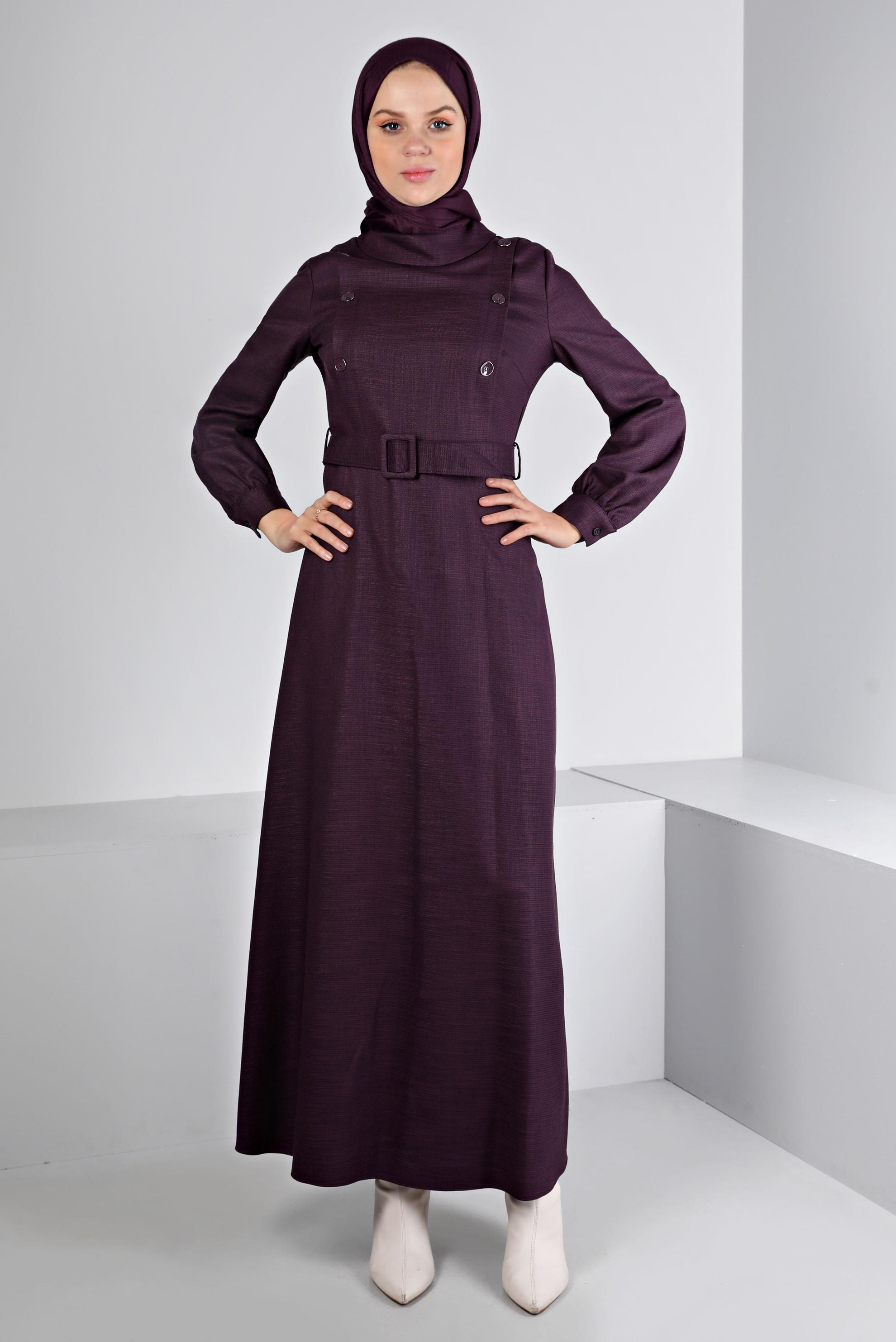 Tesettür giyim MÜRDÜM DÜĞME DETAYLI KEMERLİ ELBİSE 43439
