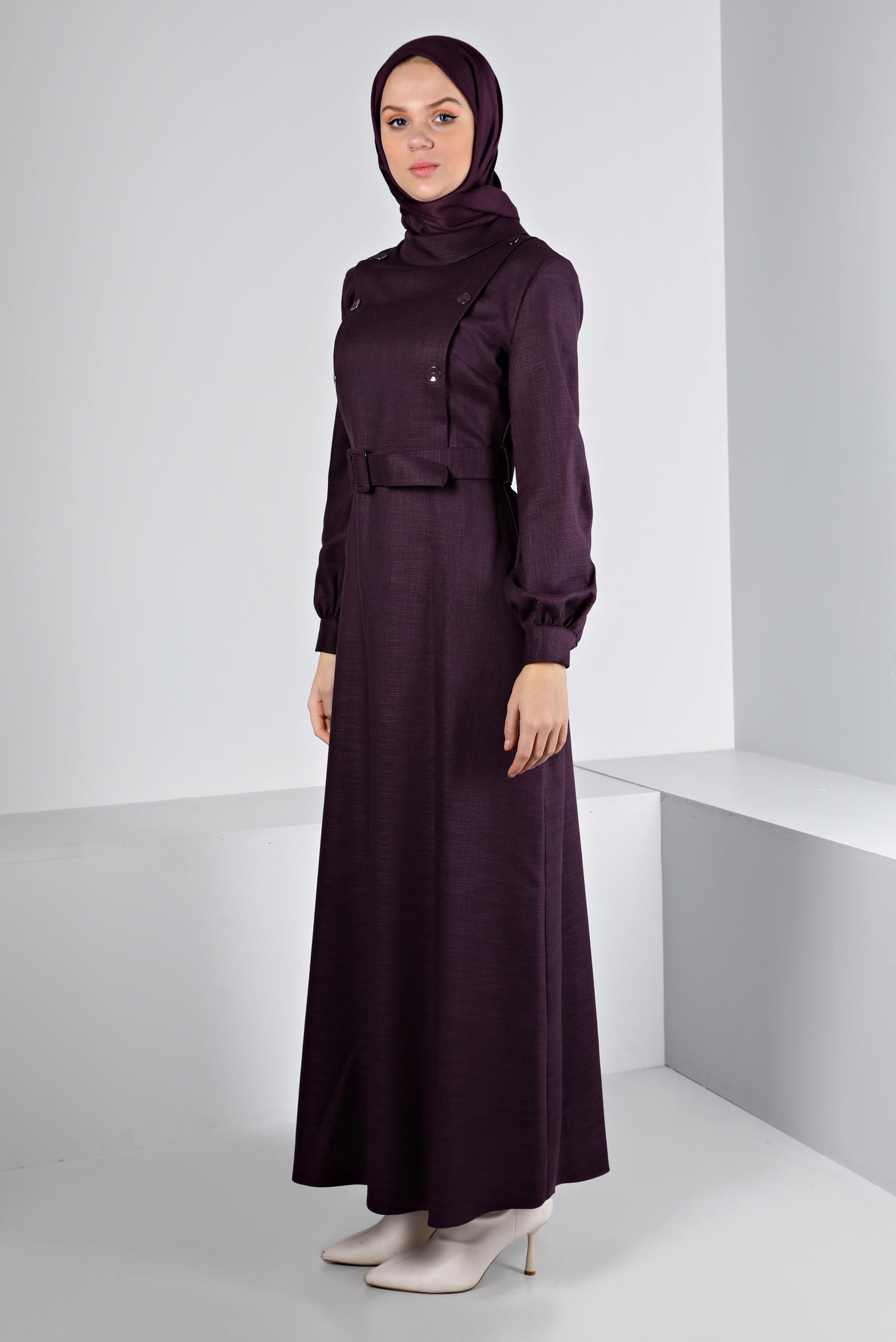 Tesettür giyim MÜRDÜM DÜĞME DETAYLI KEMERLİ ELBİSE 43439