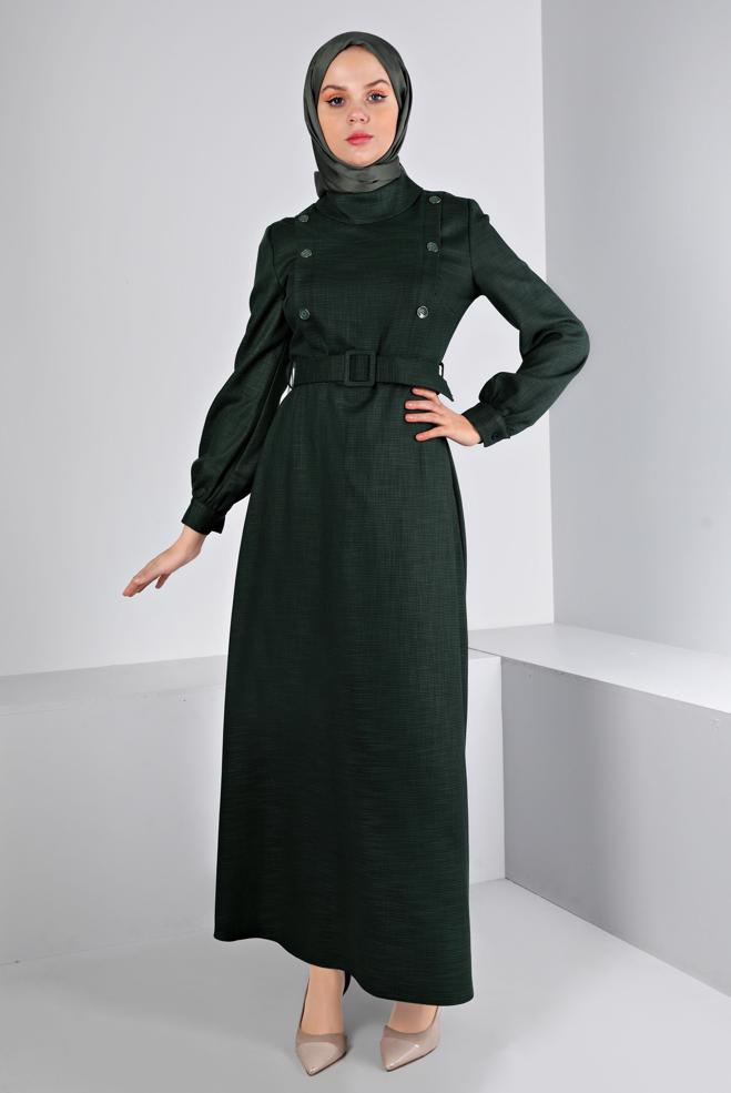 Tesettür giyim YEŞİL DÜĞME DETAYLI KEMERLİ ELBİSE 43439 - ALVİNA