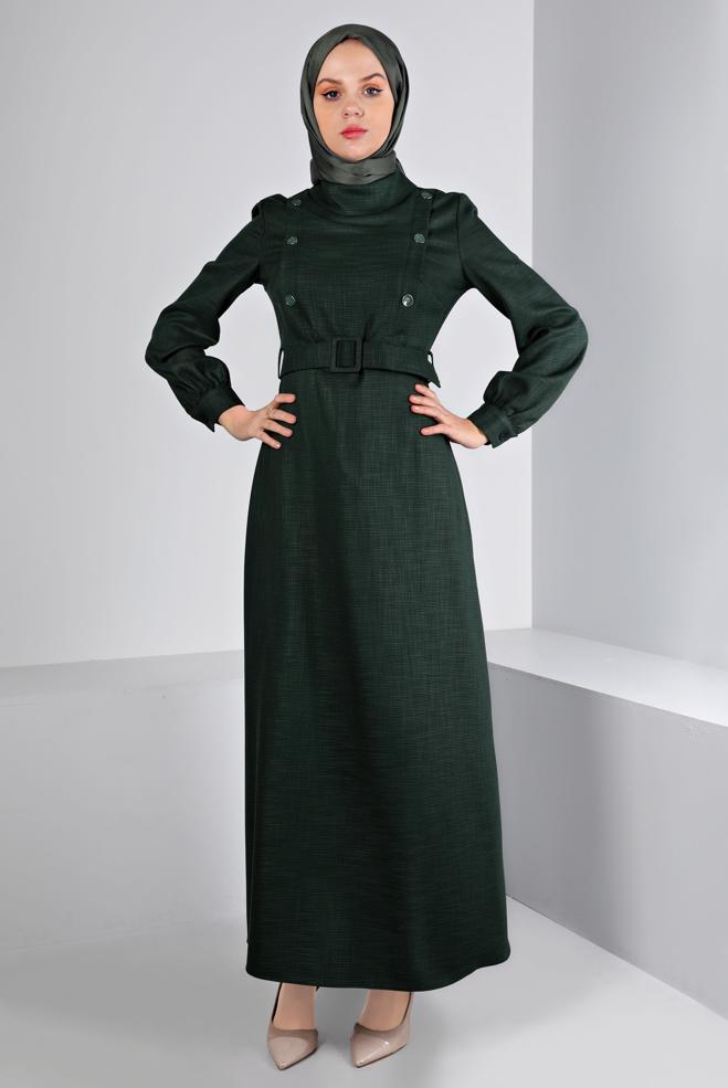 Tesettür giyim YEŞİL DÜĞME DETAYLI KEMERLİ ELBİSE 43439 - ALVİNA