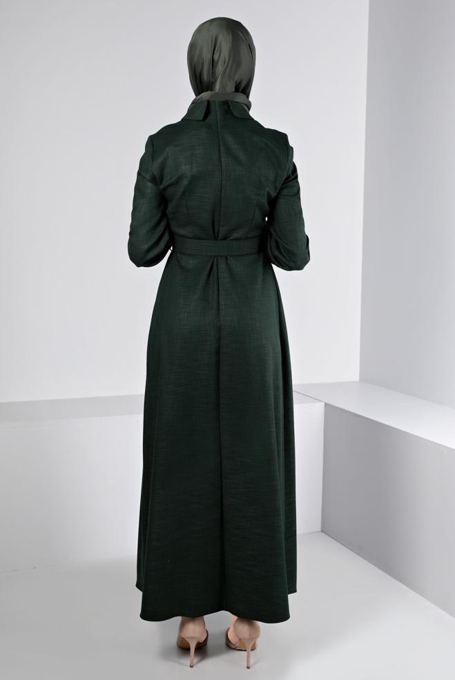 Tesettür giyim YEŞİL DÜĞME DETAYLI KEMERLİ ELBİSE 43439 - ALVİNA