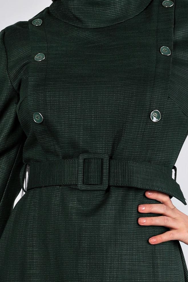 Tesettür giyim YEŞİL DÜĞME DETAYLI KEMERLİ ELBİSE 43439 - ALVİNA