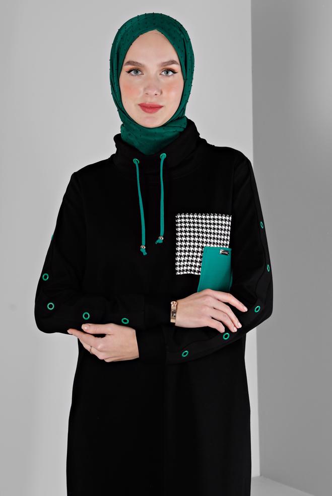 Vêtements hijab NOIR ROBE DE SURVÊTEMENT AVEC MANCHES À OEILLETS 43446 - ALVİNA