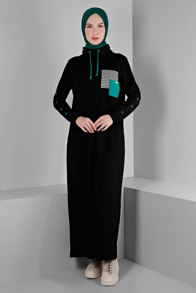 Vêtements hijab NOIR ROBE DE SURVÊTEMENT AVEC MANCHES À OEILLETS 43446 - ALVİNA