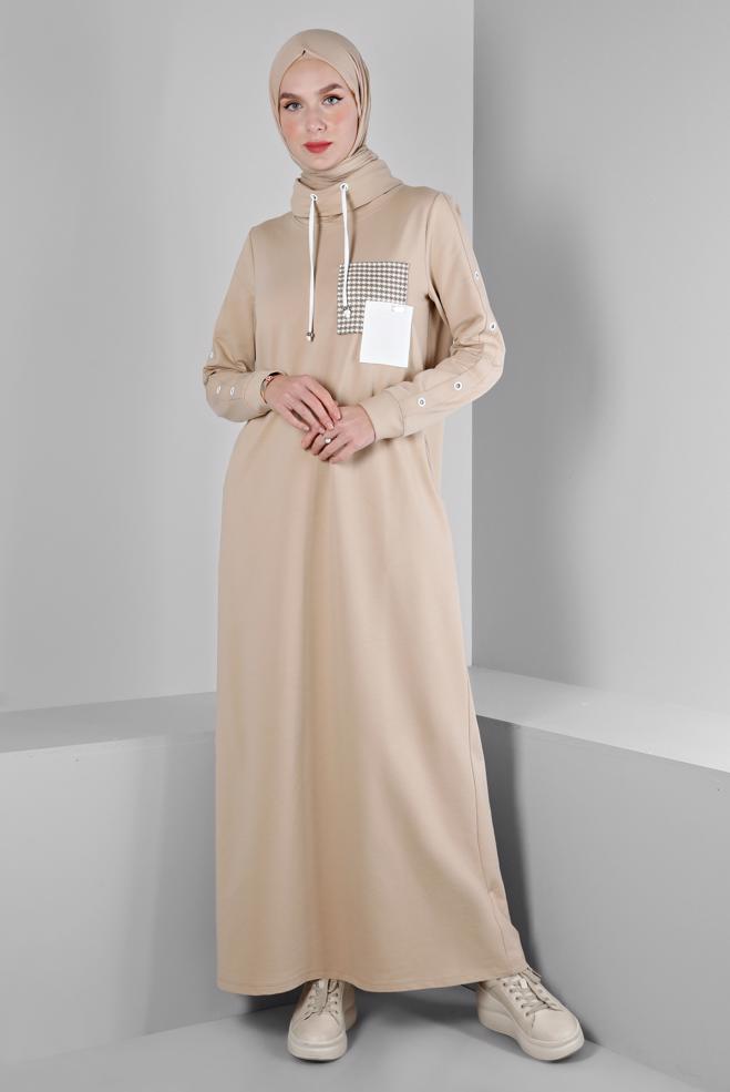 Vêtements hijab BEIGE ROBE DE SURVÊTEMENT AVEC MANCHES À OEILLETS 43446 - ALVİNA