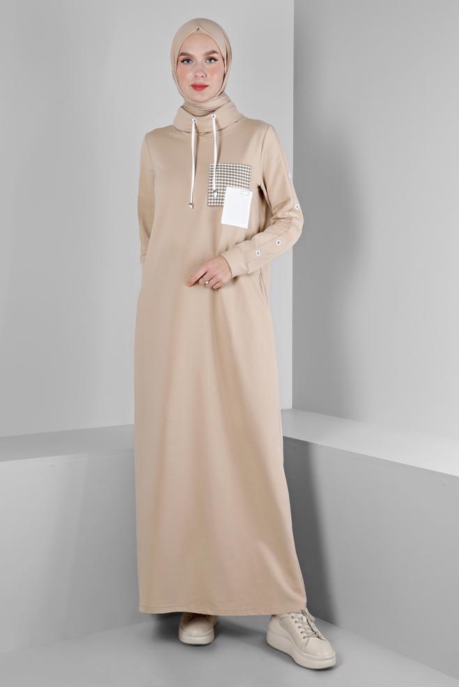 Vêtements hijab BEIGE ROBE DE SURVÊTEMENT AVEC MANCHES À OEILLETS 43446 - ALVİNA