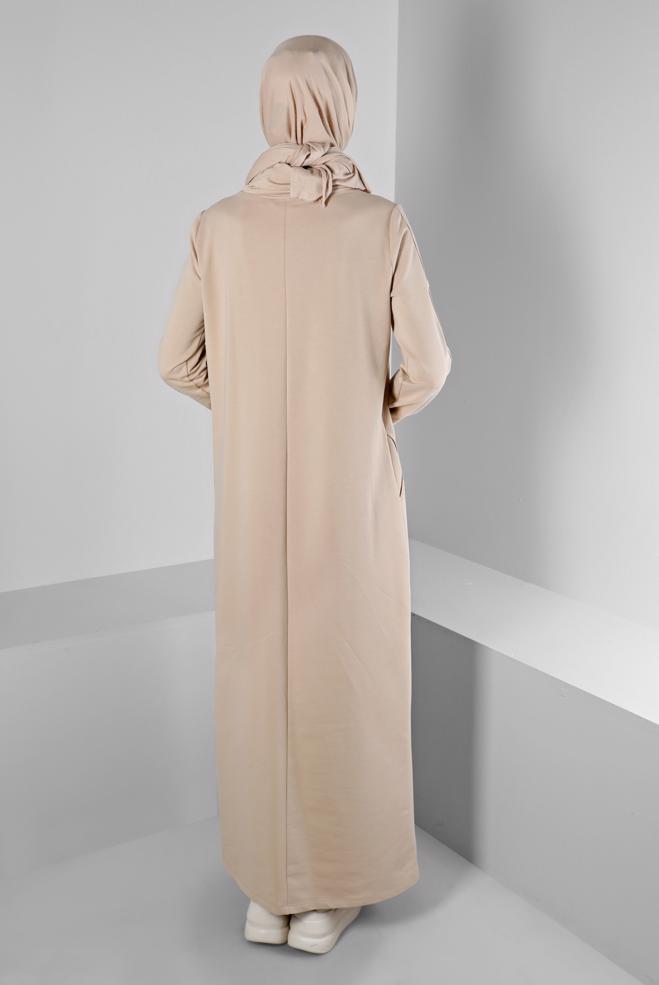 Vêtements hijab BEIGE ROBE DE SURVÊTEMENT AVEC MANCHES À OEILLETS 43446 - ALVİNA