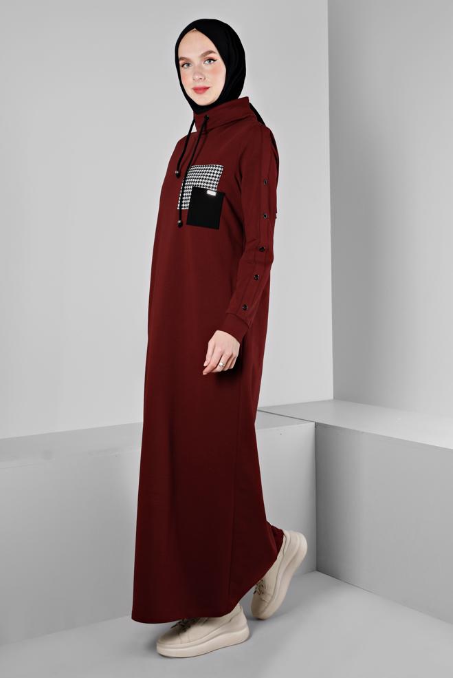 Vêtements hijab ROUGE BORDEAUX ROBE DE SURVÊTEMENT AVEC MANCHES À OEILLETS 43446 - ALVİNA