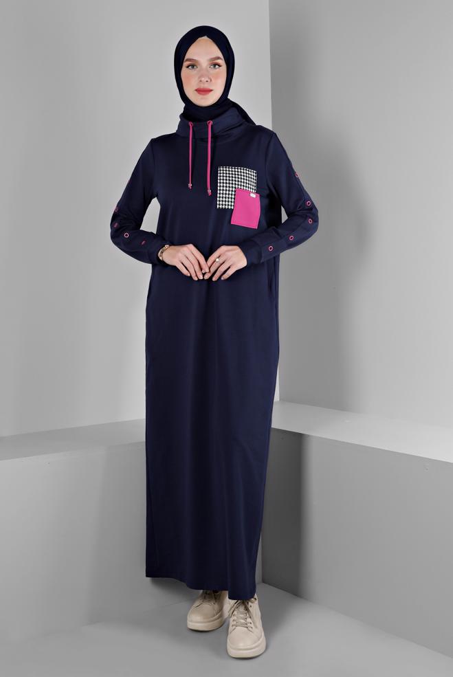 Vêtements hijab BLEU MARINE ROBE DE SURVÊTEMENT AVEC MANCHES À OEILLETS 43446 - ALVİNA