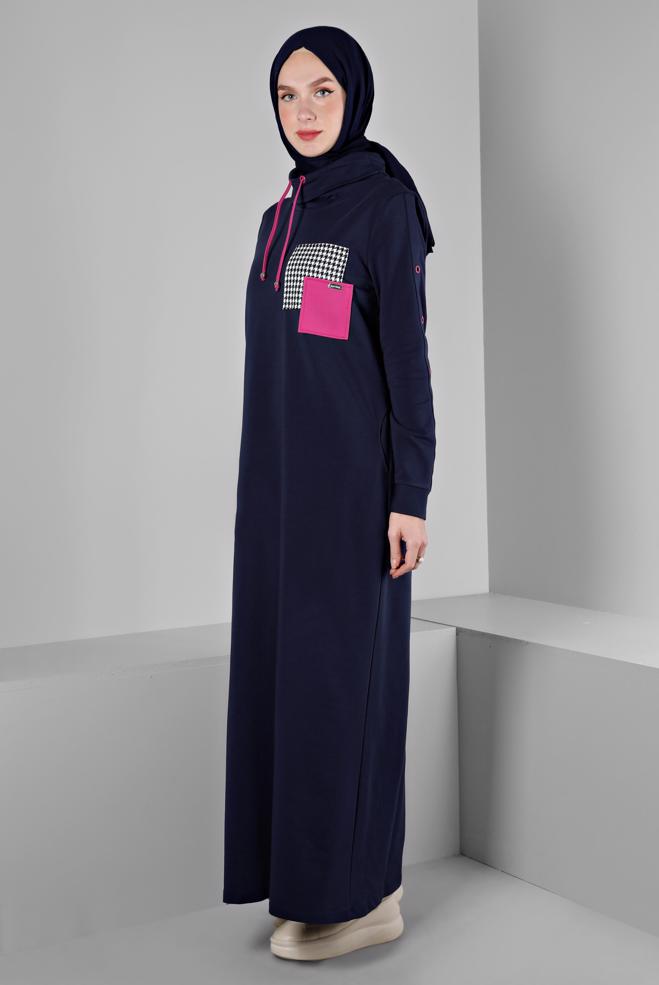 Vêtements hijab BLEU MARINE ROBE DE SURVÊTEMENT AVEC MANCHES À OEILLETS 43446 - ALVİNA