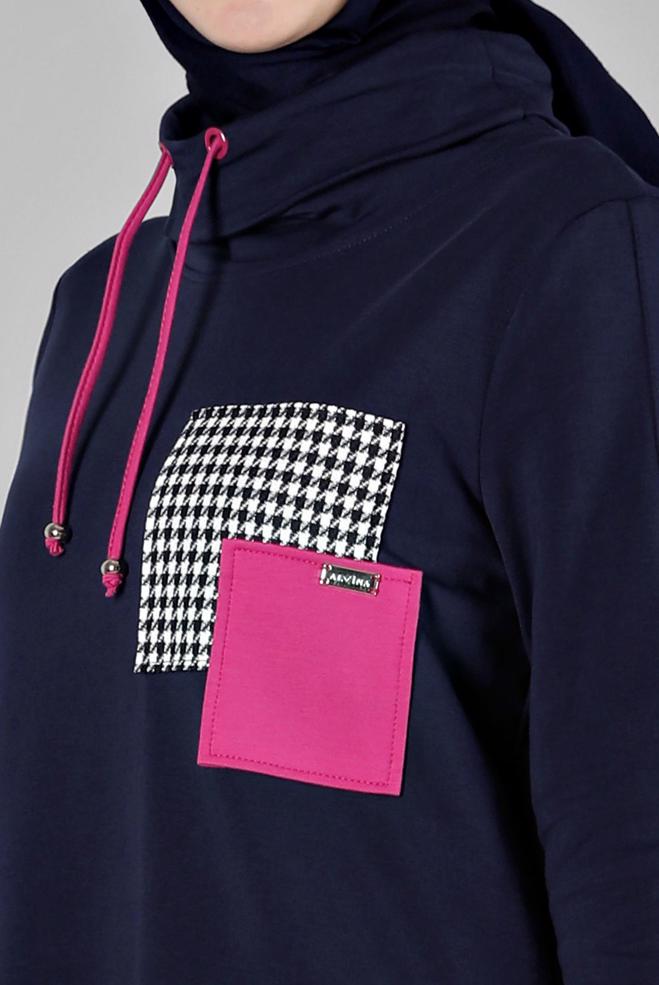 Vêtements hijab BLEU MARINE ROBE DE SURVÊTEMENT AVEC MANCHES À OEILLETS 43446 - ALVİNA