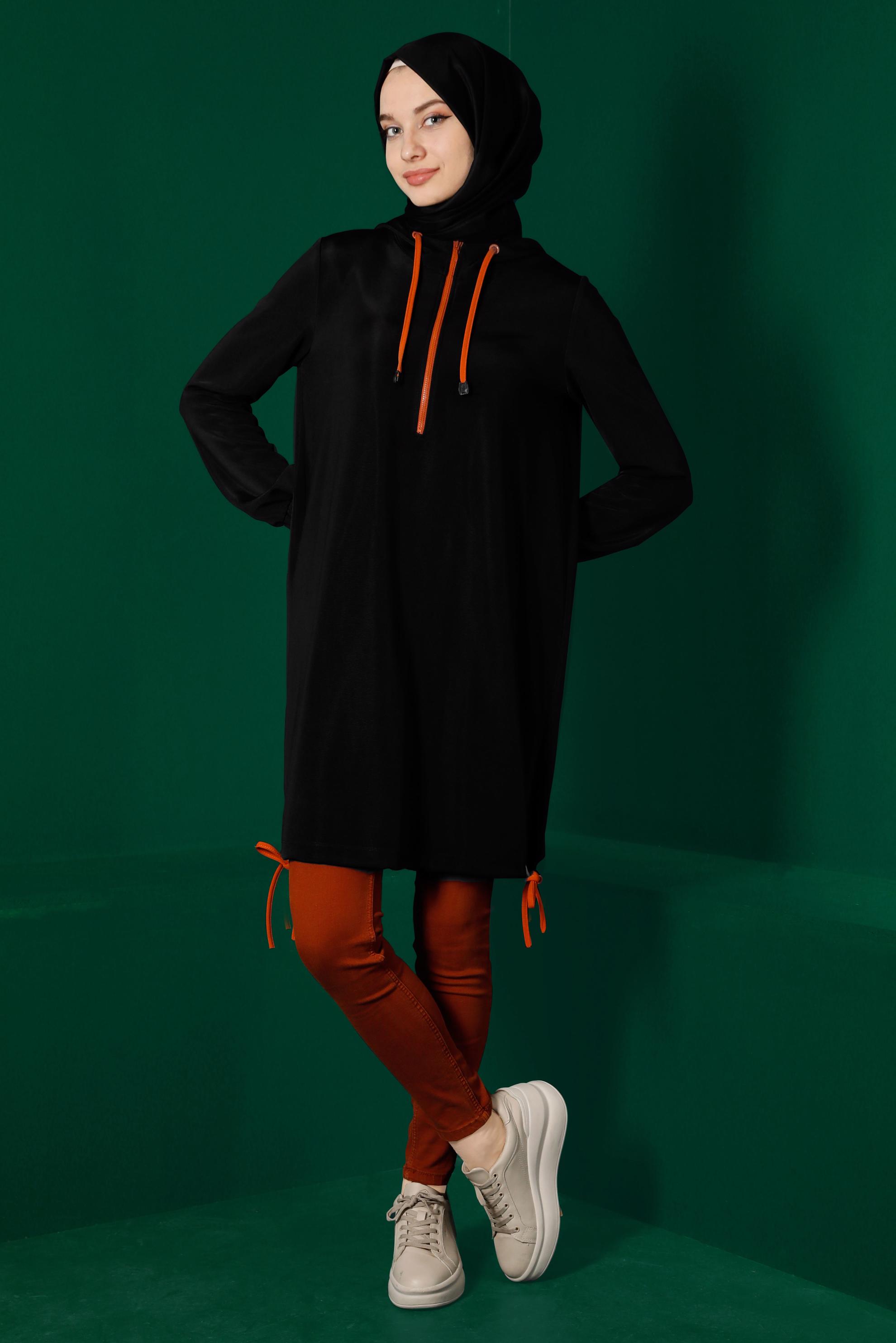 Tesettür giyim SİYAH KAPÜŞONLU FERMUARLI EŞOFMAN TUNİK 43303