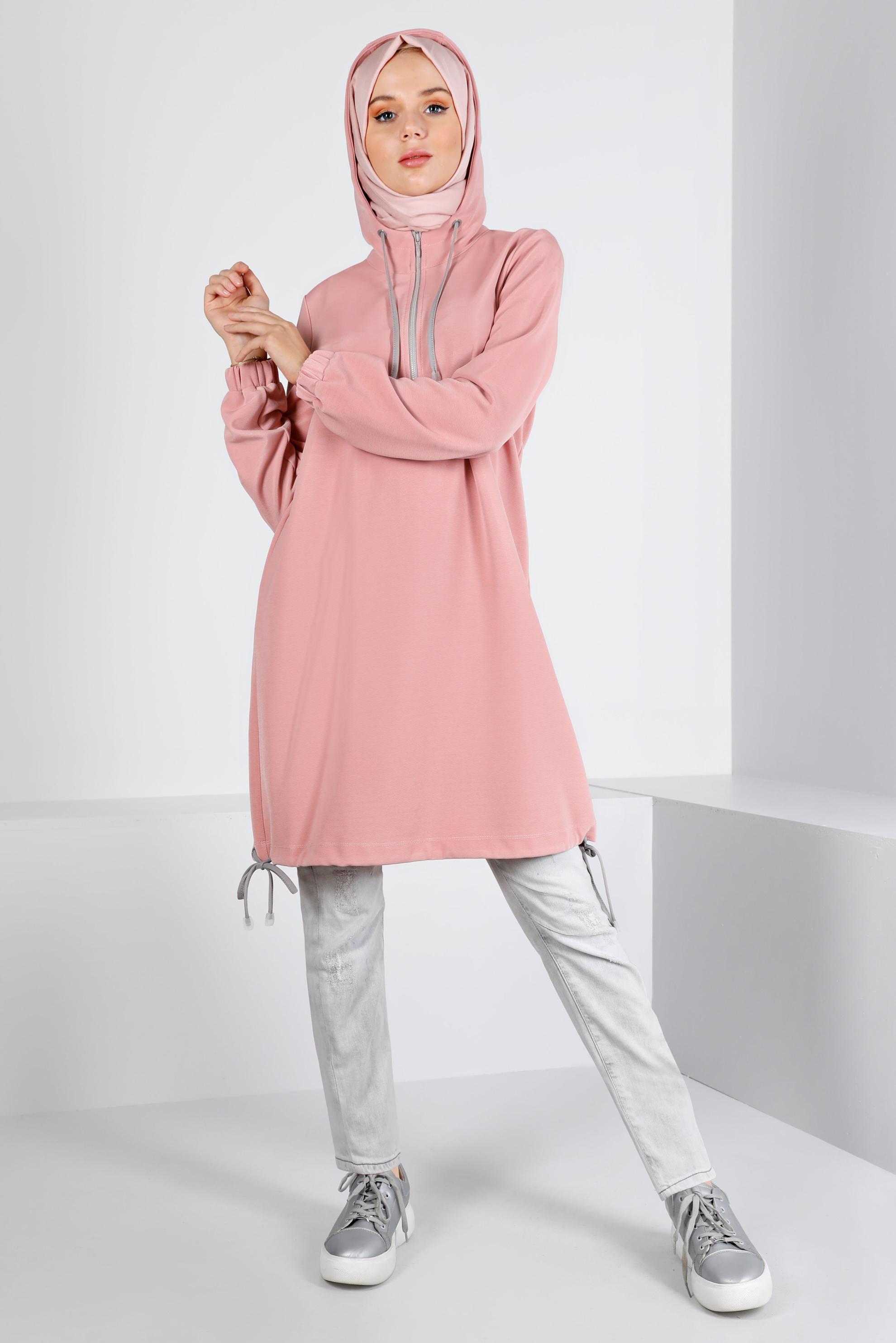 Tesettür giyim PUDRA KAPÜŞONLU FERMUARLI EŞOFMAN TUNİK 43303