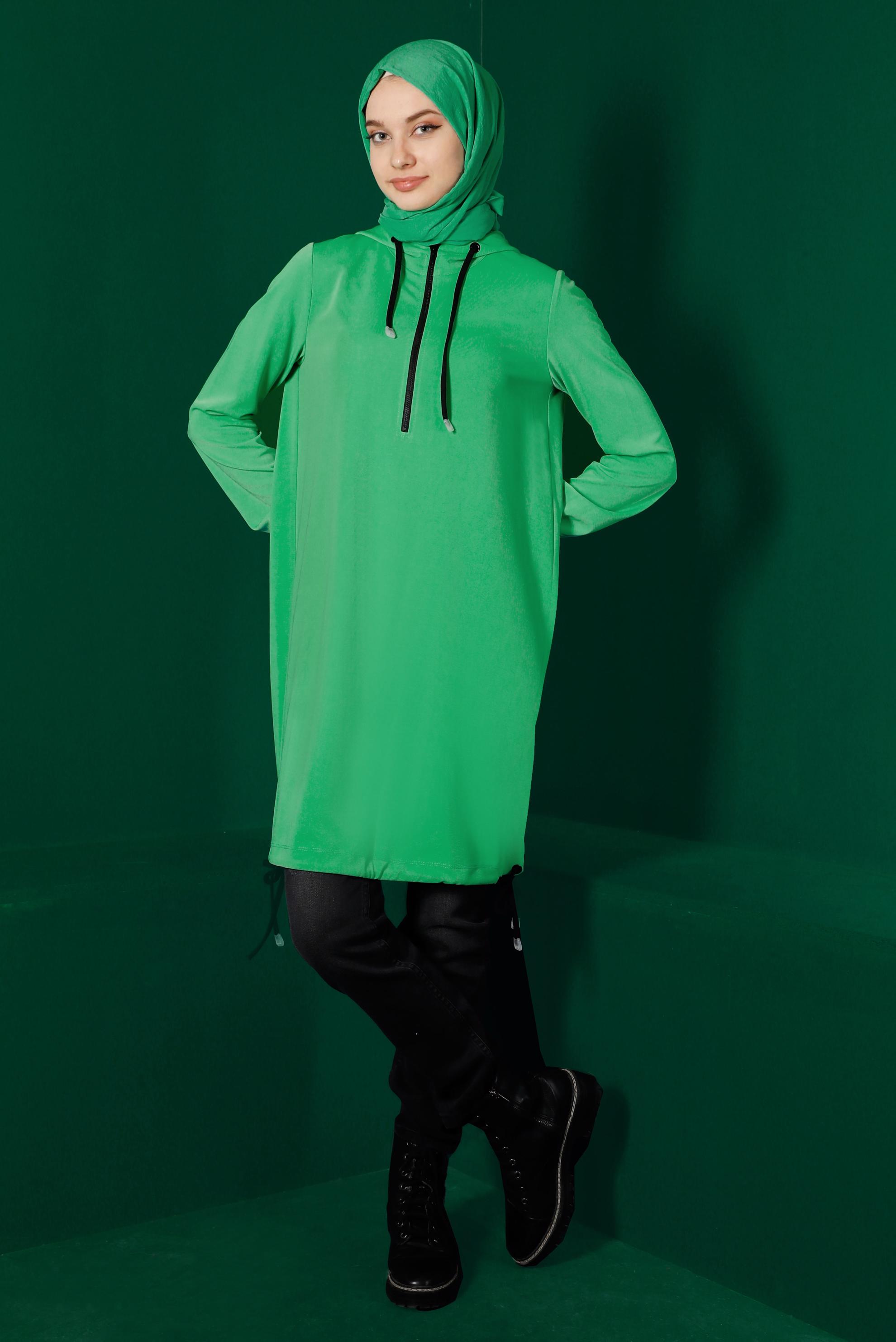 Tesettür giyim YEŞİL KAPÜŞONLU FERMUARLI EŞOFMAN TUNİK 43303